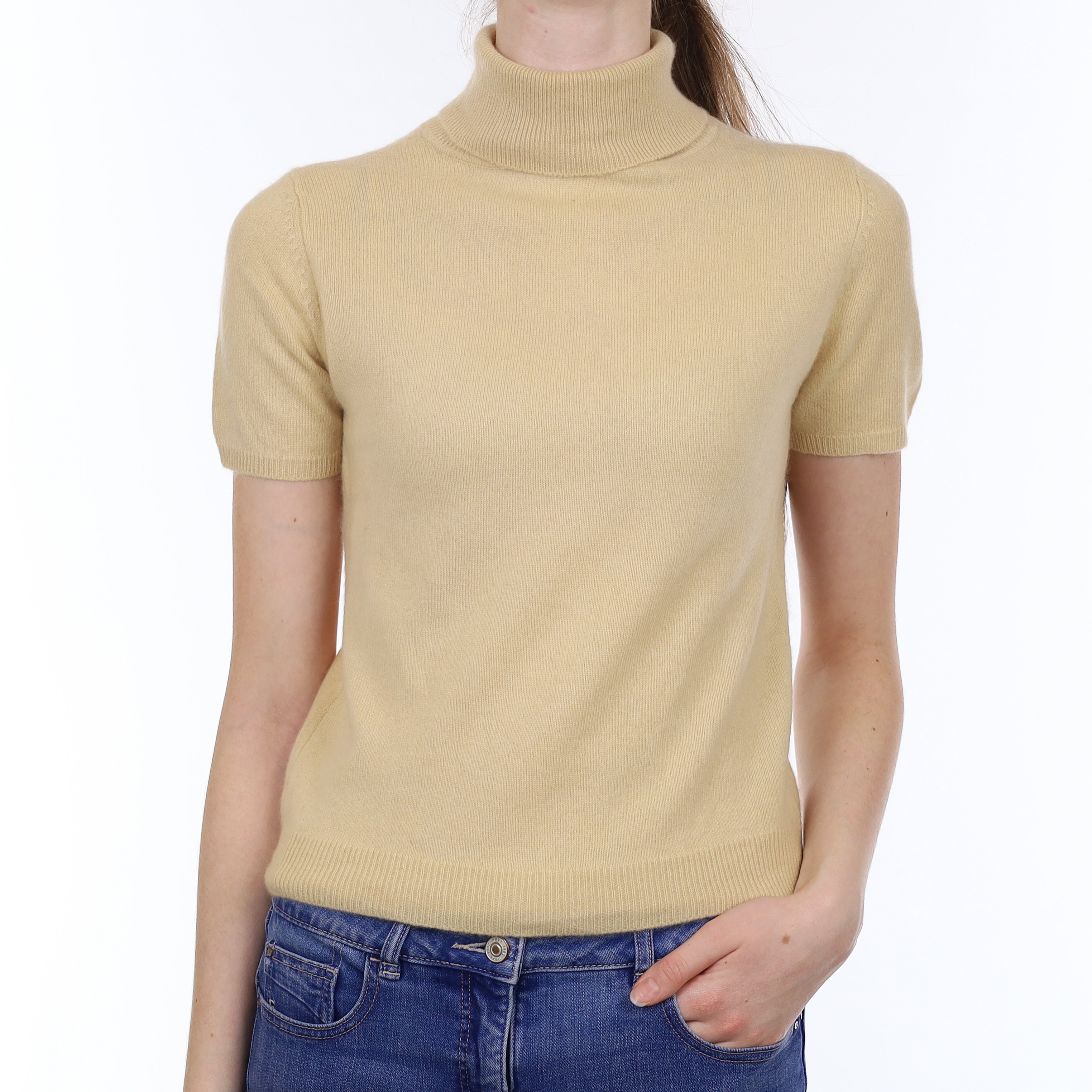 Pale Caramel Cashmere Short Sleeved Polo Neck Jumper Extra Small
