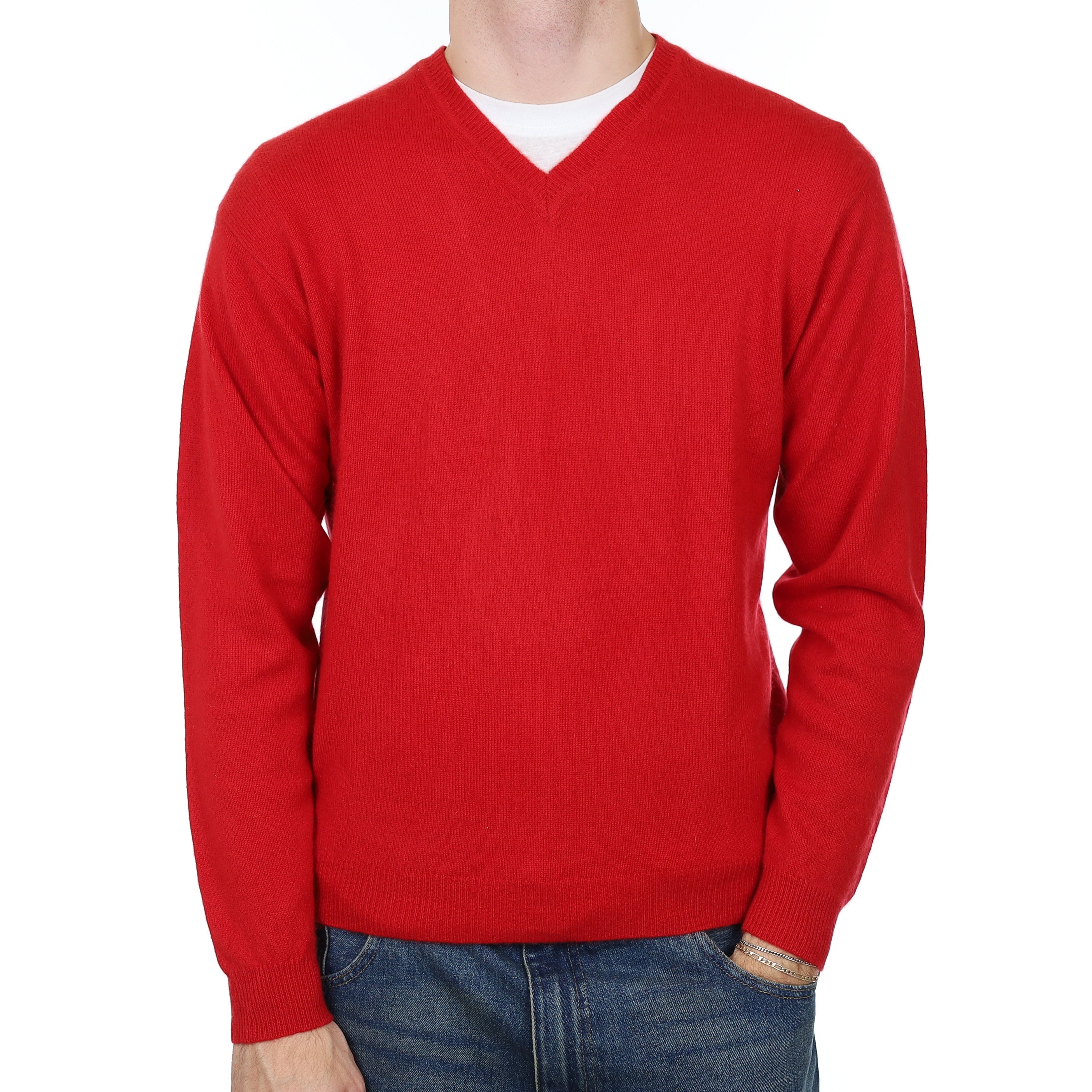 Men’s Post Box Red Cashmere V Neck Jumper Medium