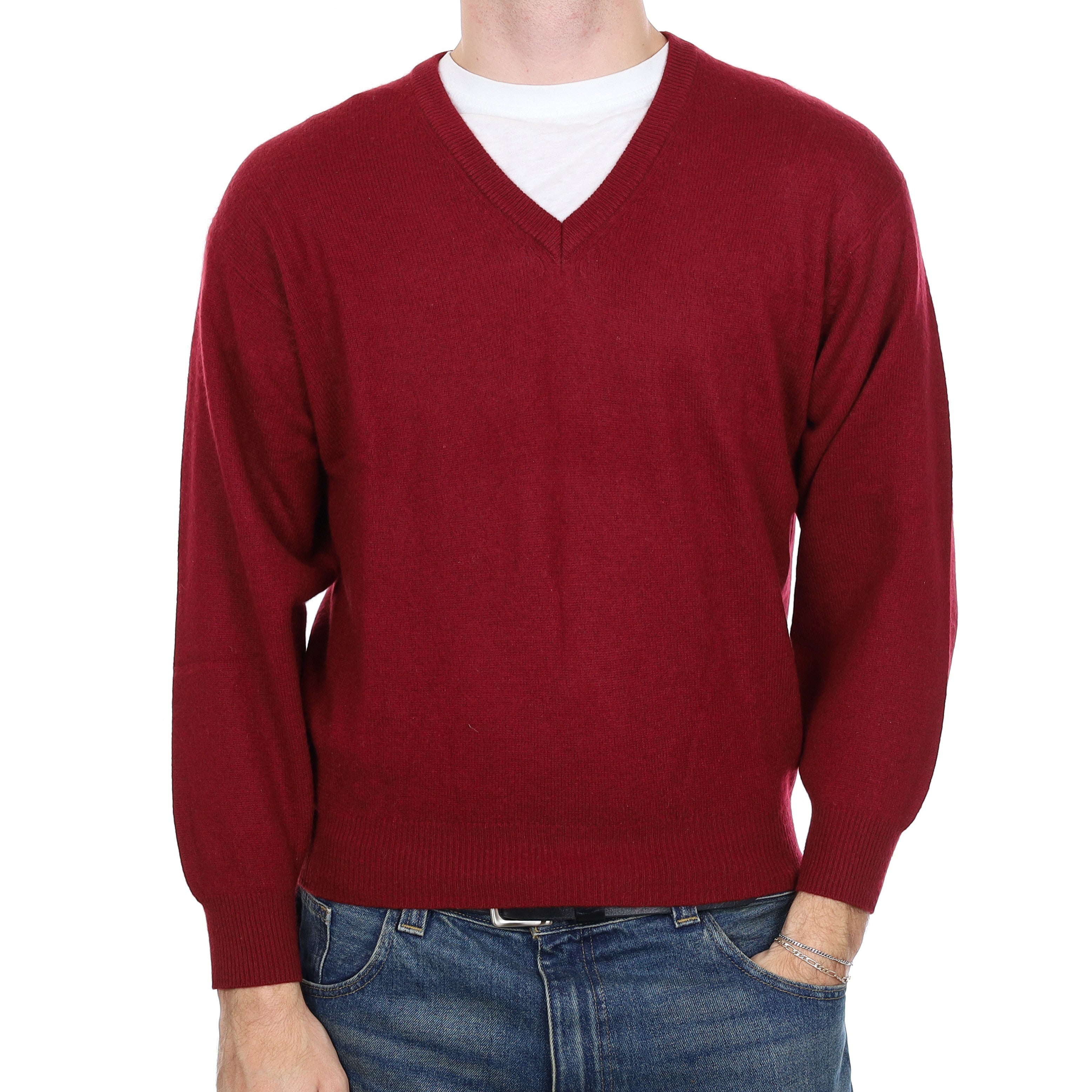Men’s Burgundy Red Cashmere V Neck Jumper Medium