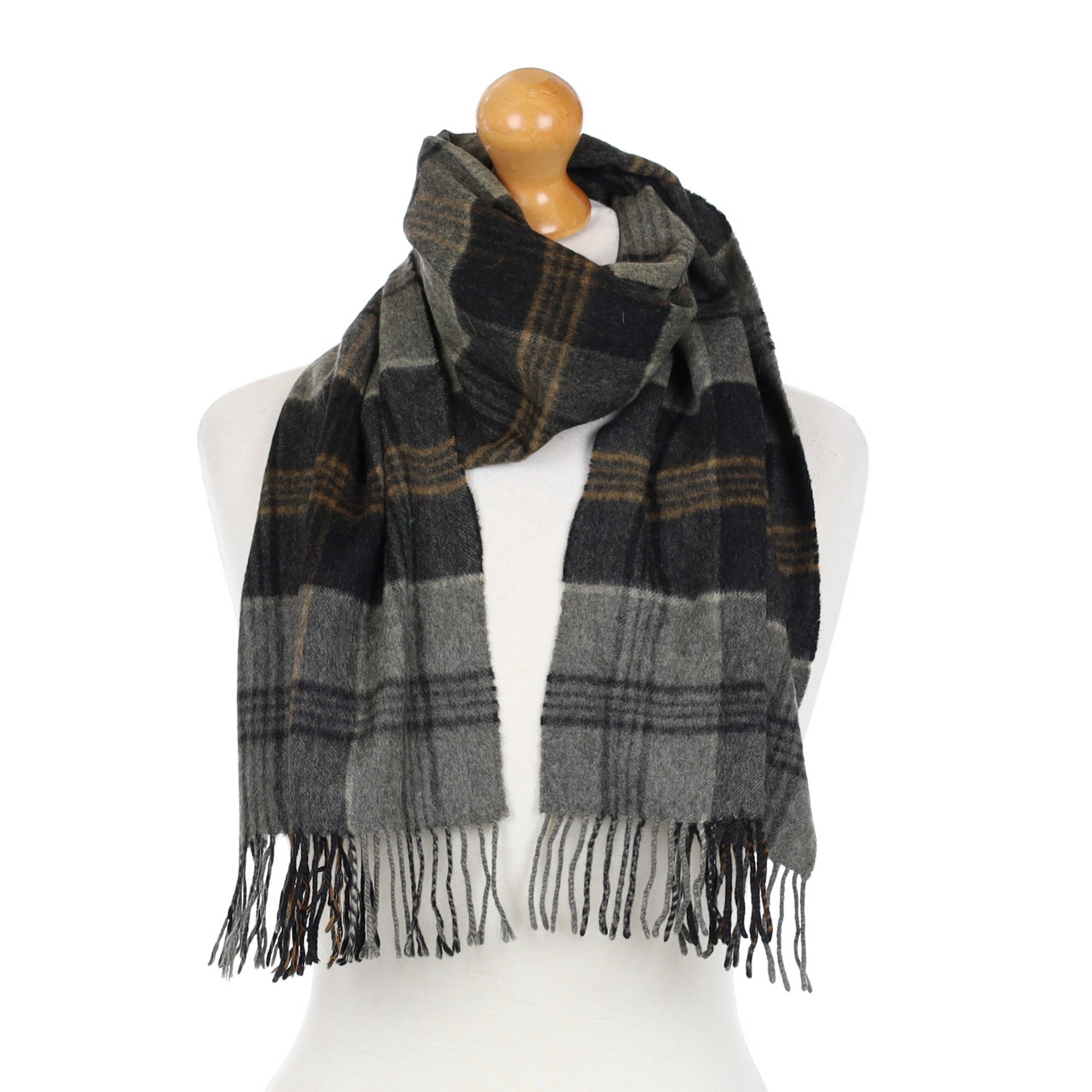 Scottish Slate Grey Checked Cashmere Fringed Woven Scarf