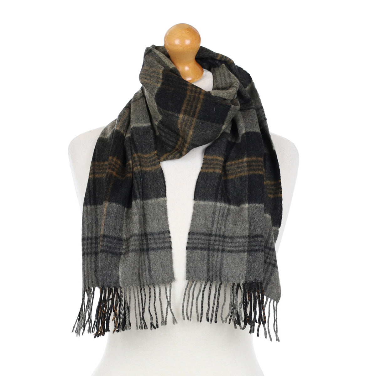 Scottish Slate Grey Checked Cashmere Fringed Woven Scarf