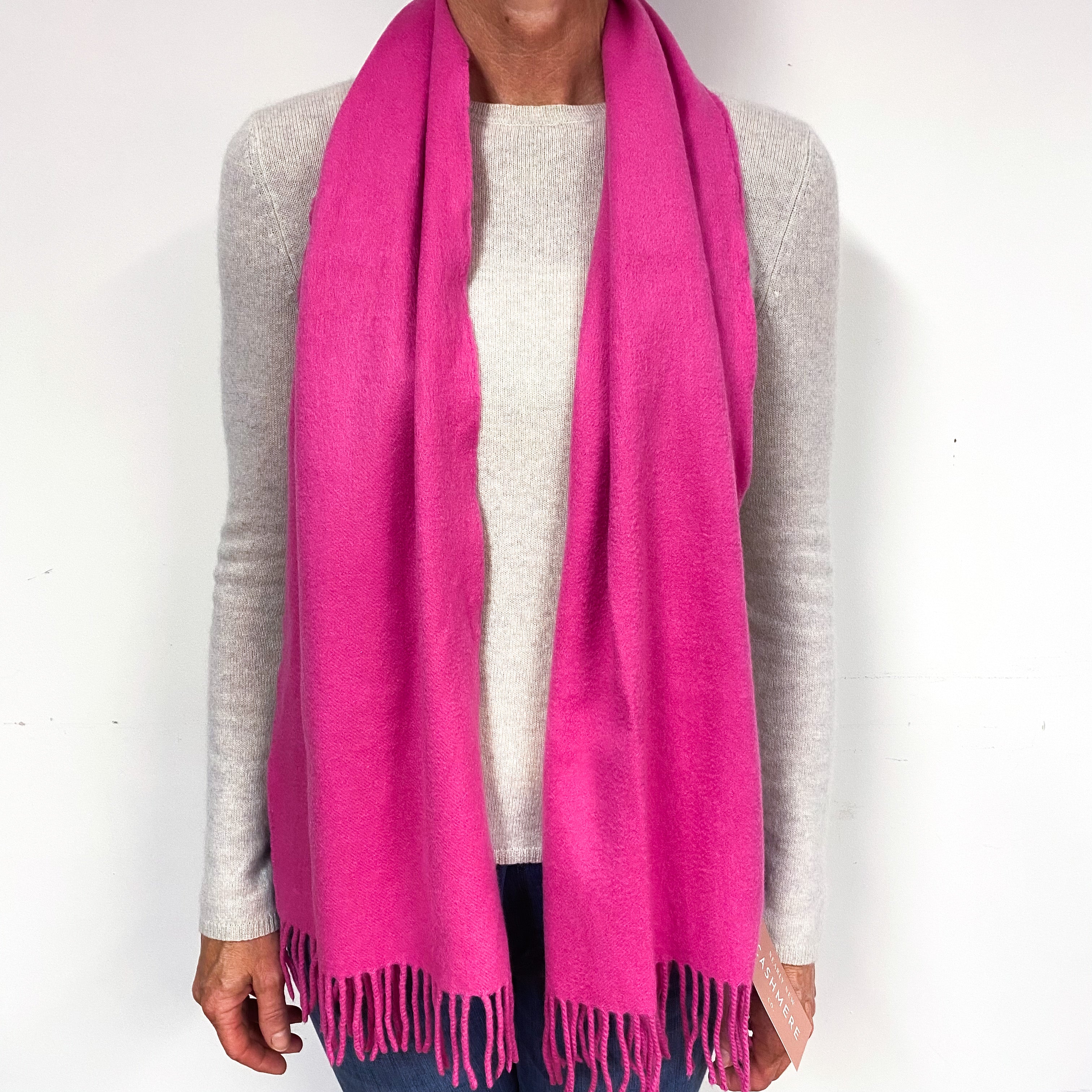 Fuchsia Pink Fringed Cashmere Woven Scarf
