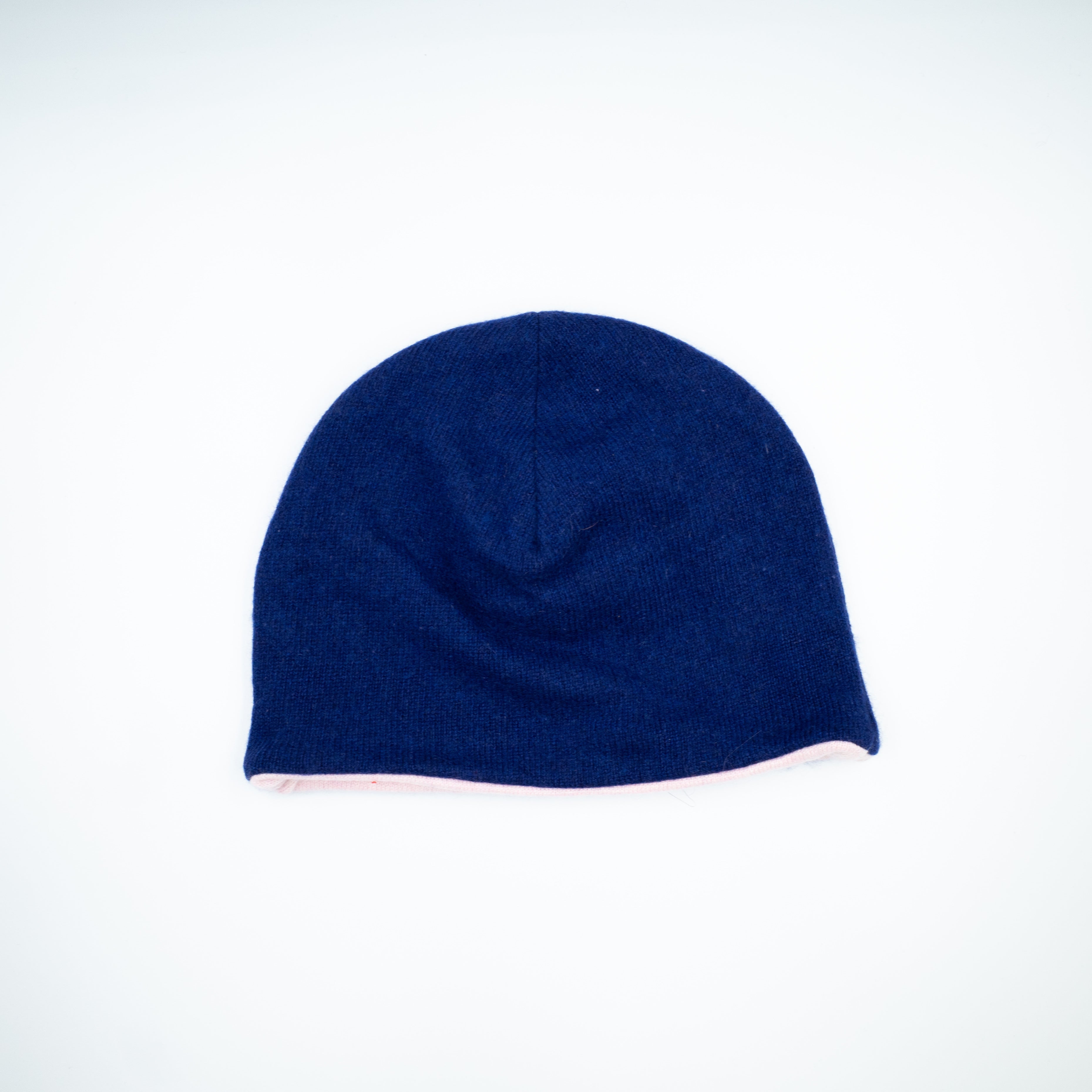 Navy Blue and Shell Pink Cashmere Beanie Hat