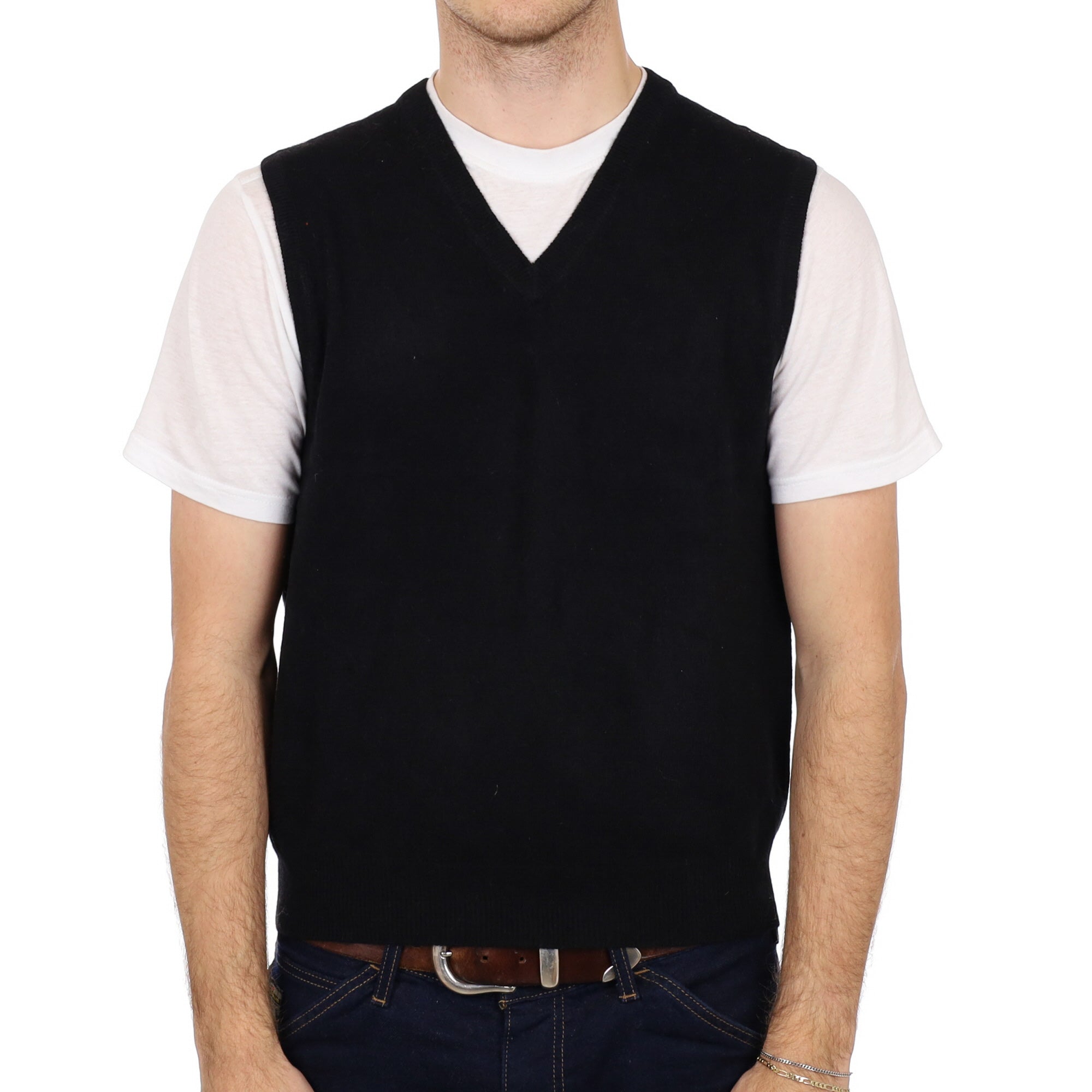 Men's Black Cashmere V Neck Sleeveless Jumper Medium
