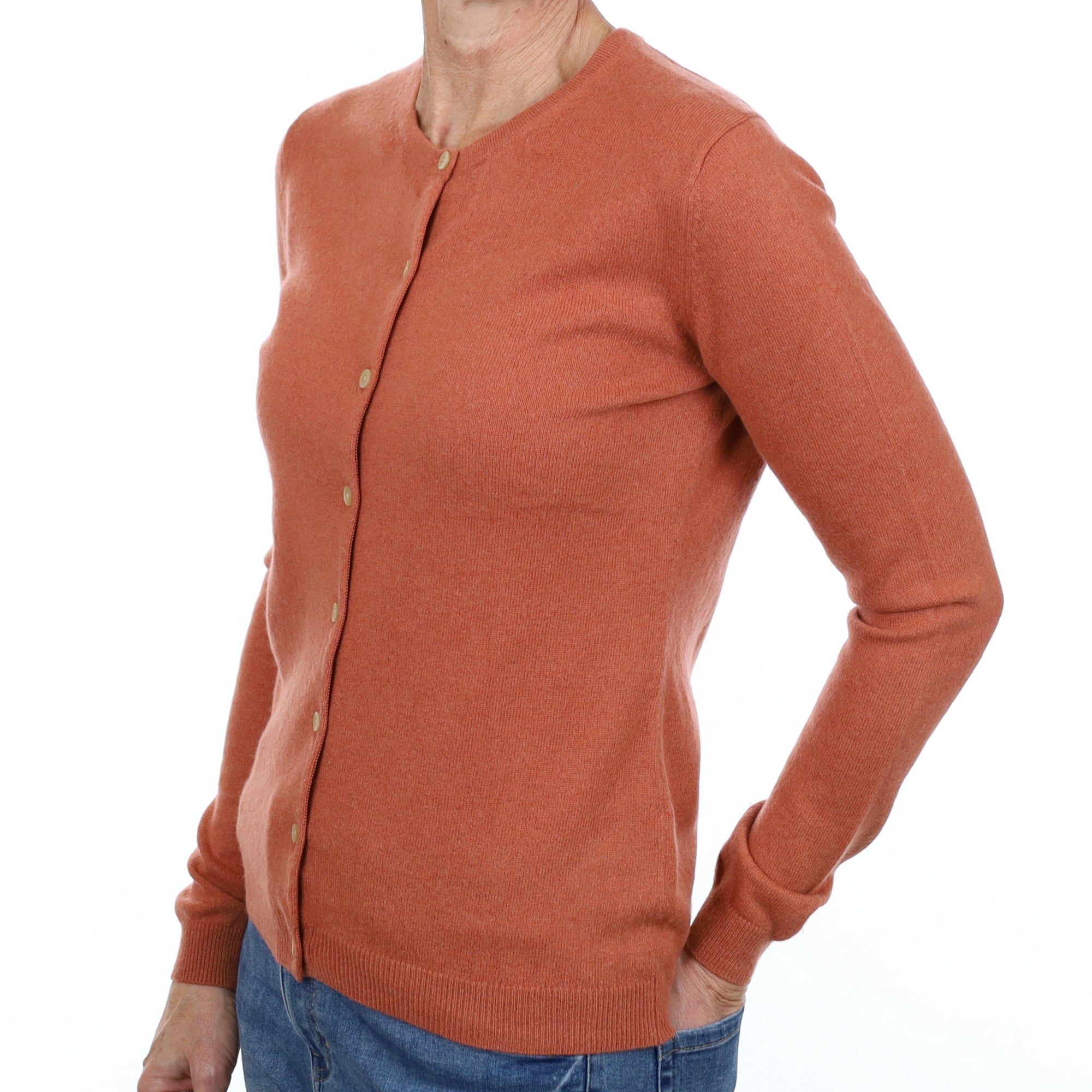 Terracotta Orange Cashmere Crew Neck Cardigan Small