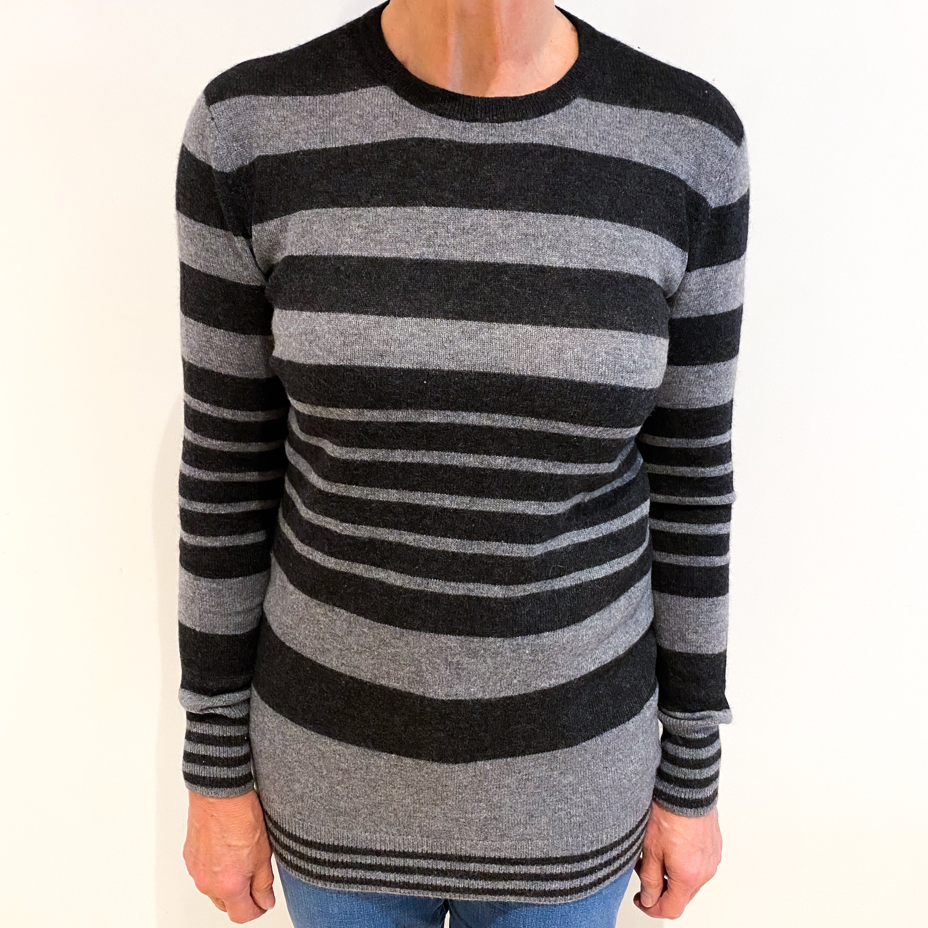 Charcoal And Slate Grey Striped Cashmere Crew Neck Jumper Medium