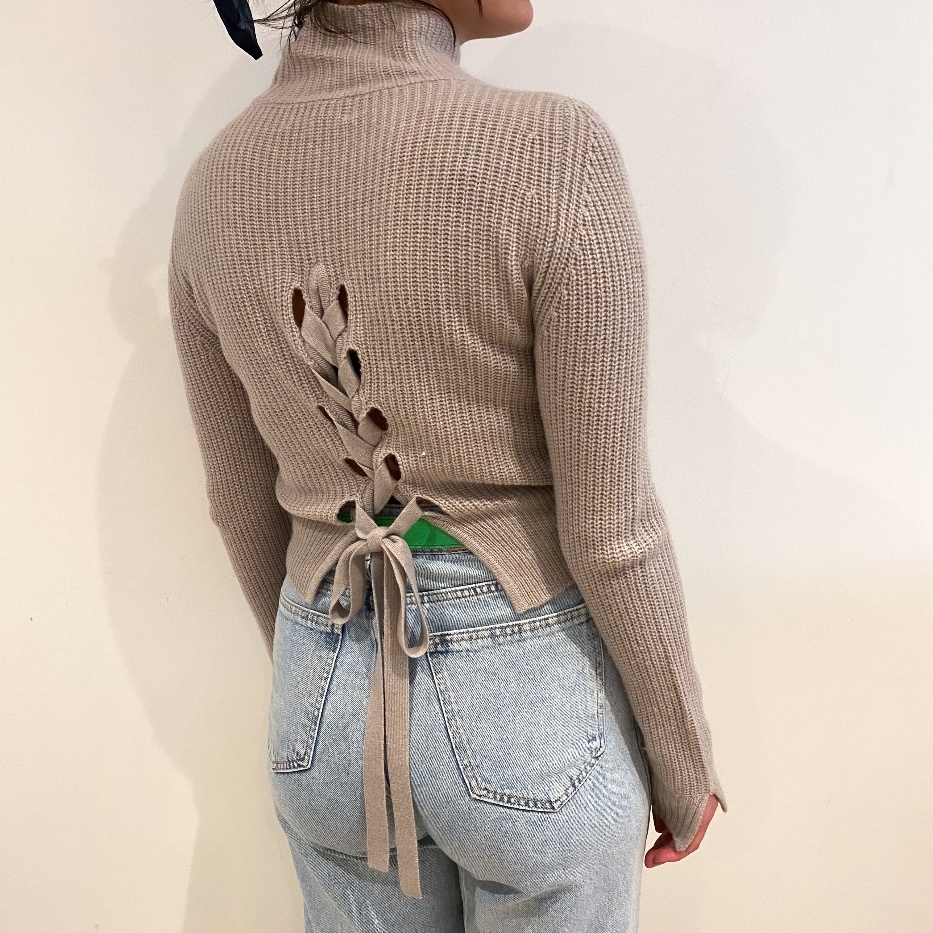 Dusty Grey Cashmere Funnel Neck Lace Up Back Jumper Small
