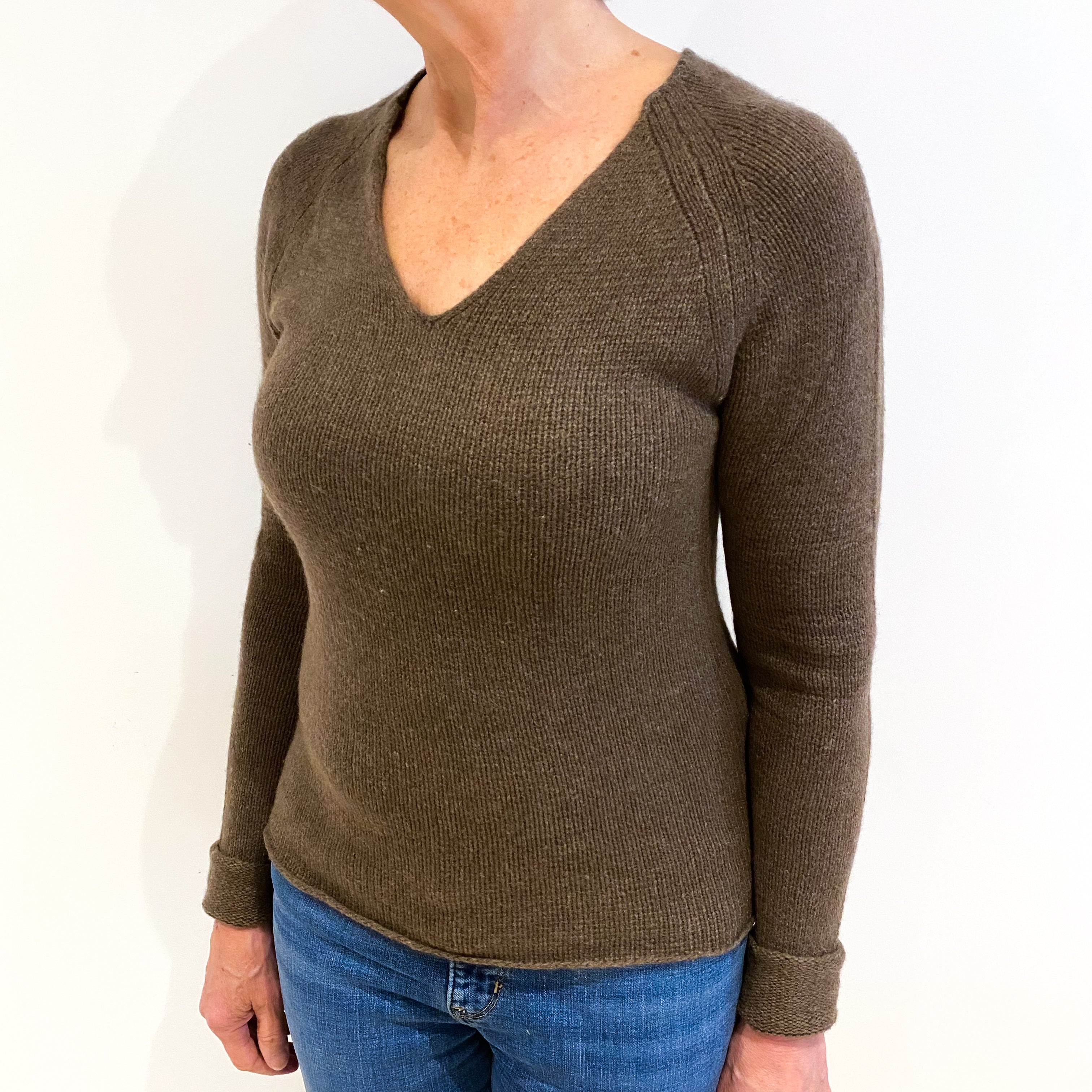 Toffee Brown Cashmere V-Neck Jumper Medium