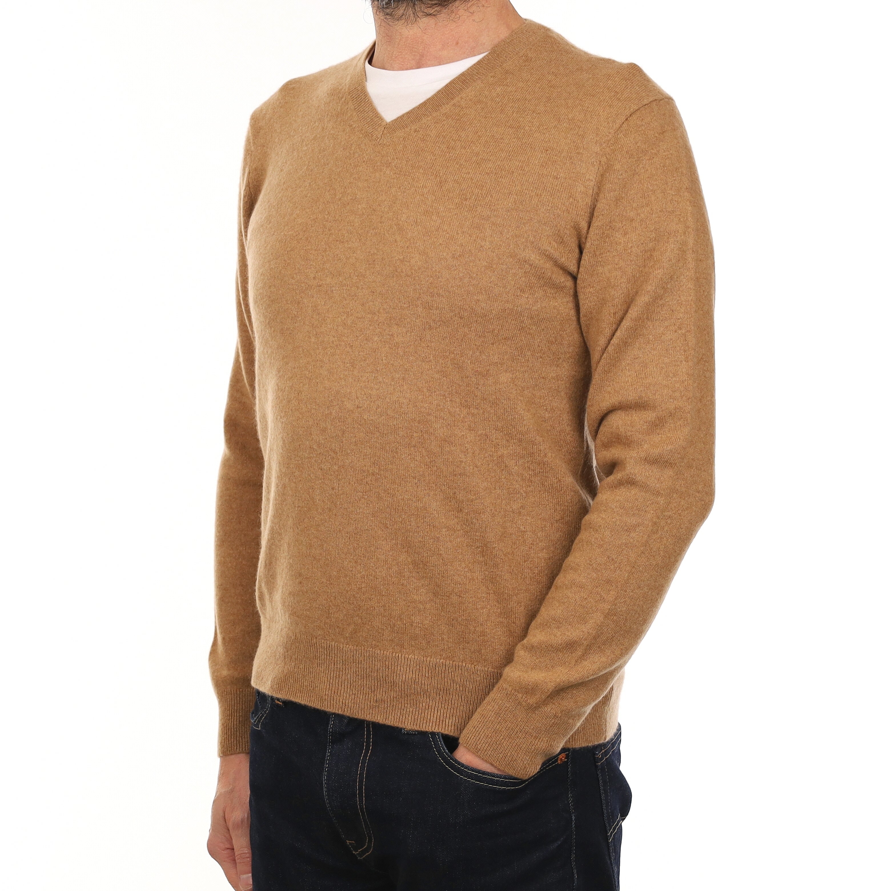 Men's Butterscotch Brown Cashmere V Neck Jumper Small
