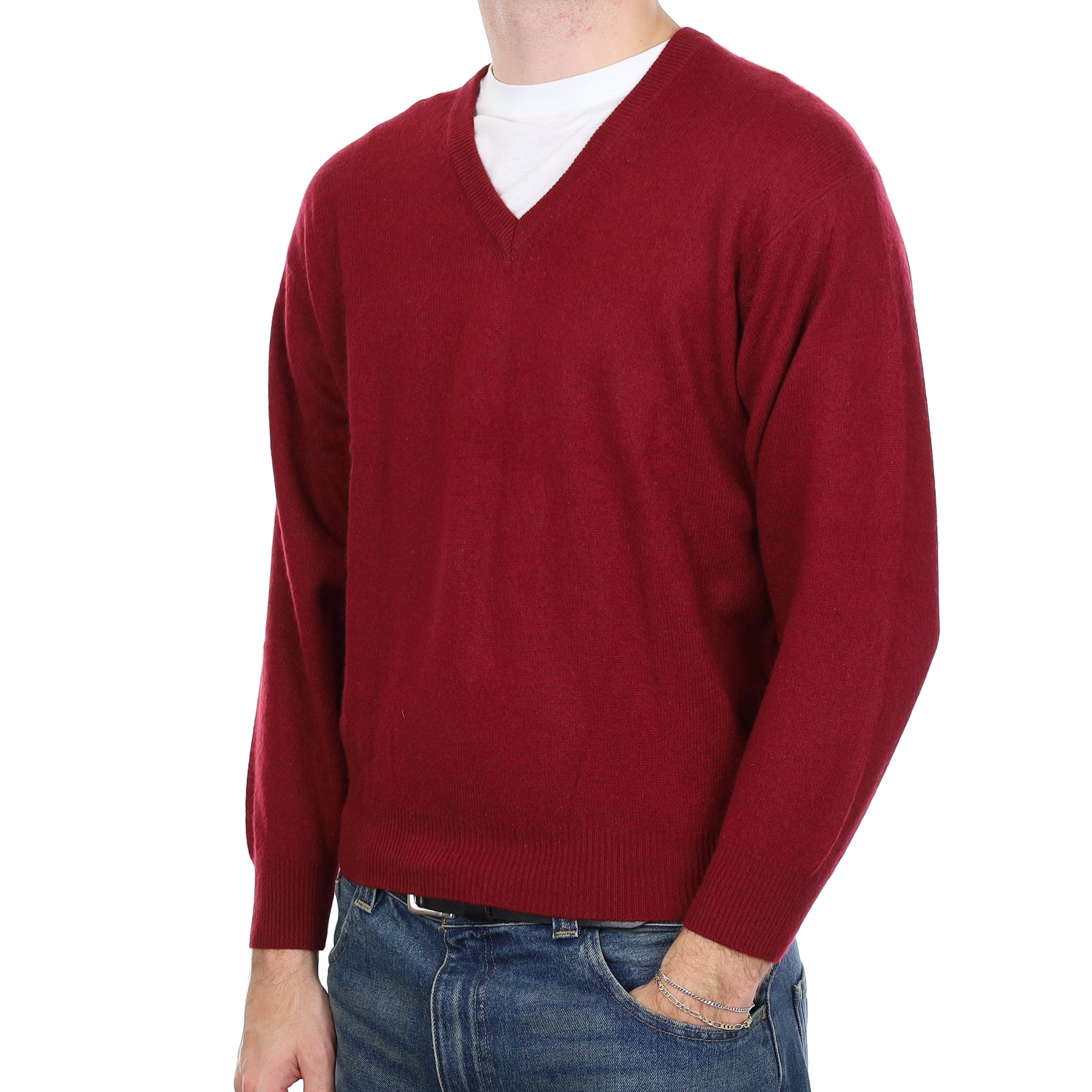 Men’s Burgundy Red Cashmere V Neck Jumper Medium