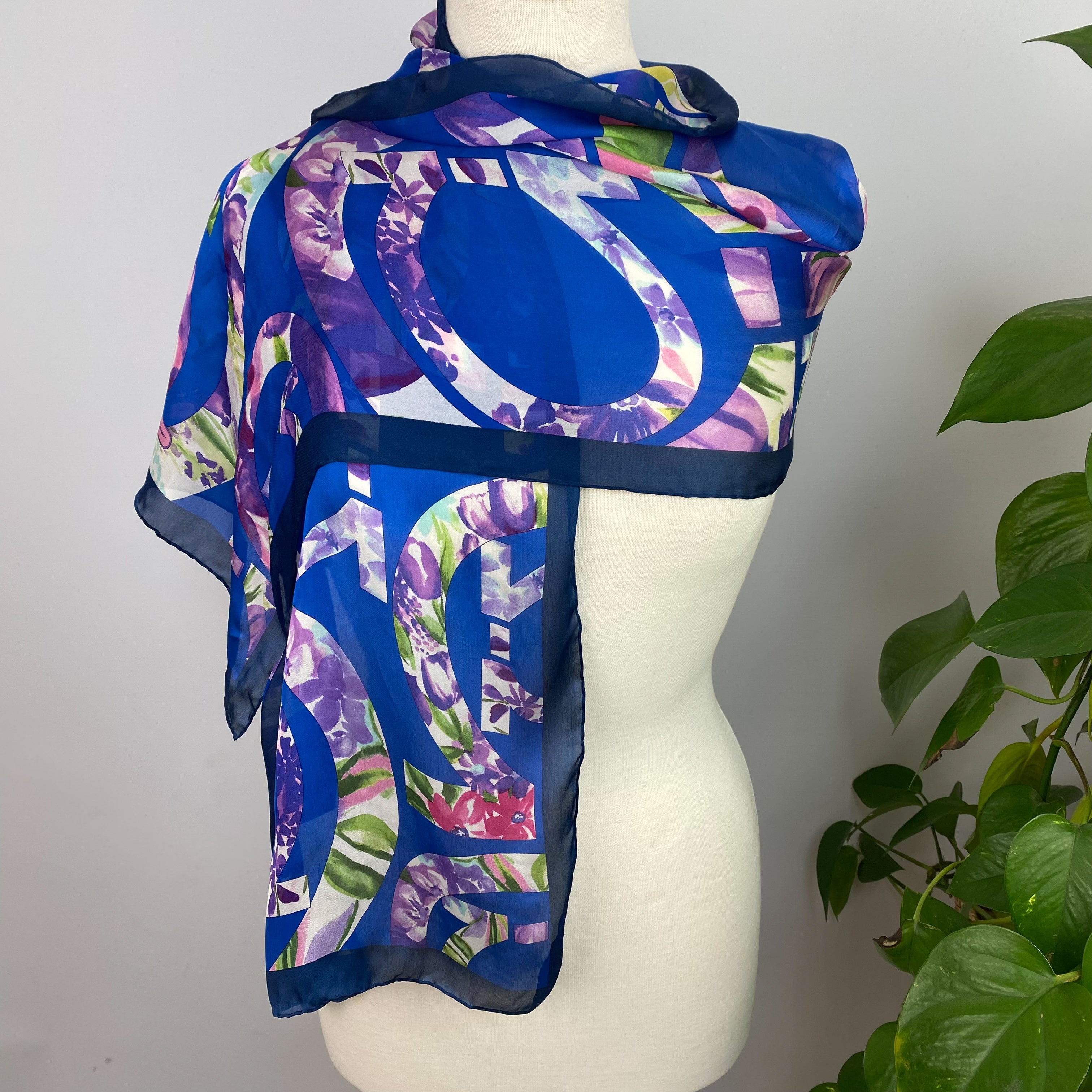 Salvadore Ferragamo Designer Blue Abstract Silk Scarf