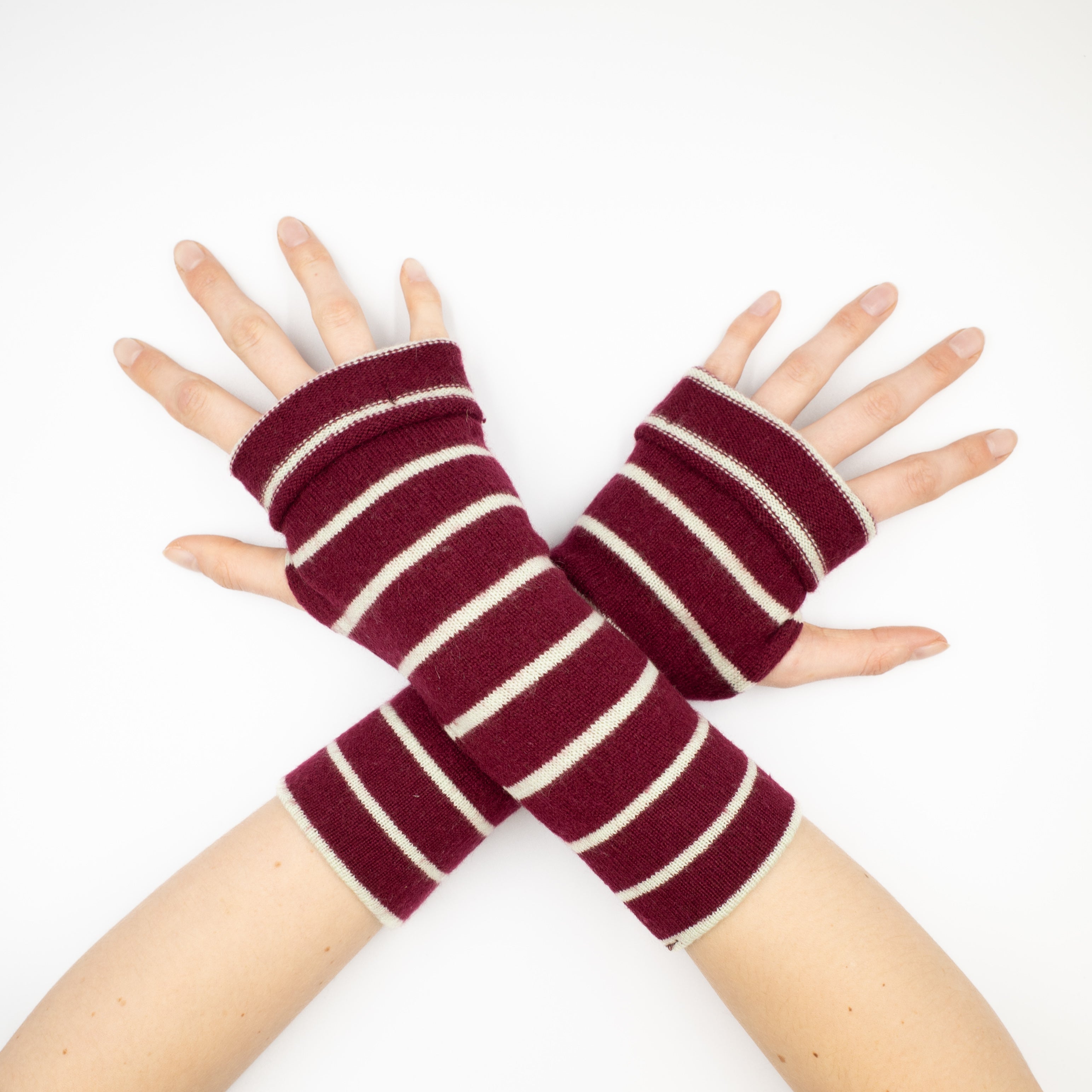 Burgundy Mint Striped Fingerless Gloves