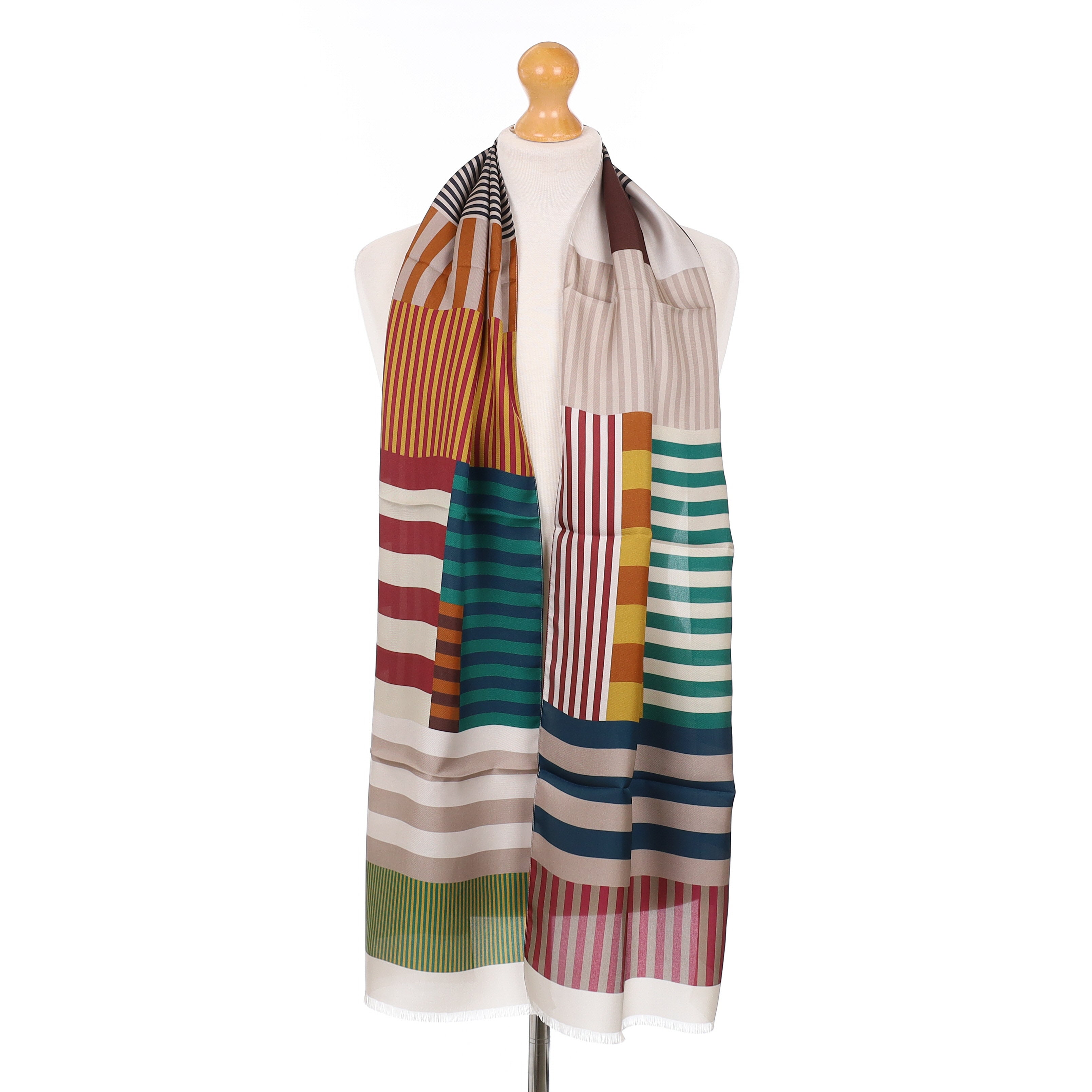 Brand New Italian Burgundy Striped Colour Block Silk Scarf