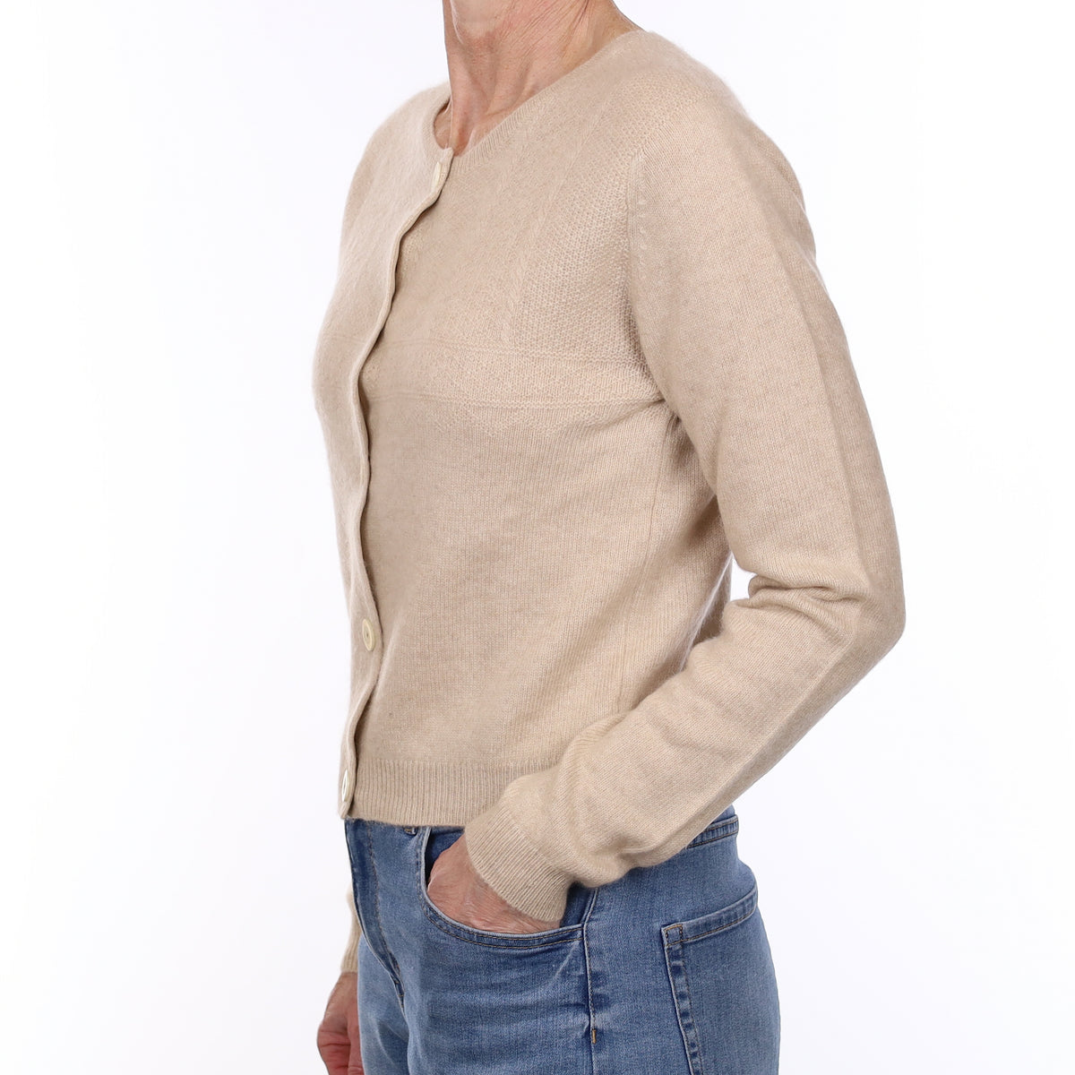 Brora Oatmeal Textured Front Cashmere Crew Neck Cardigan Small
