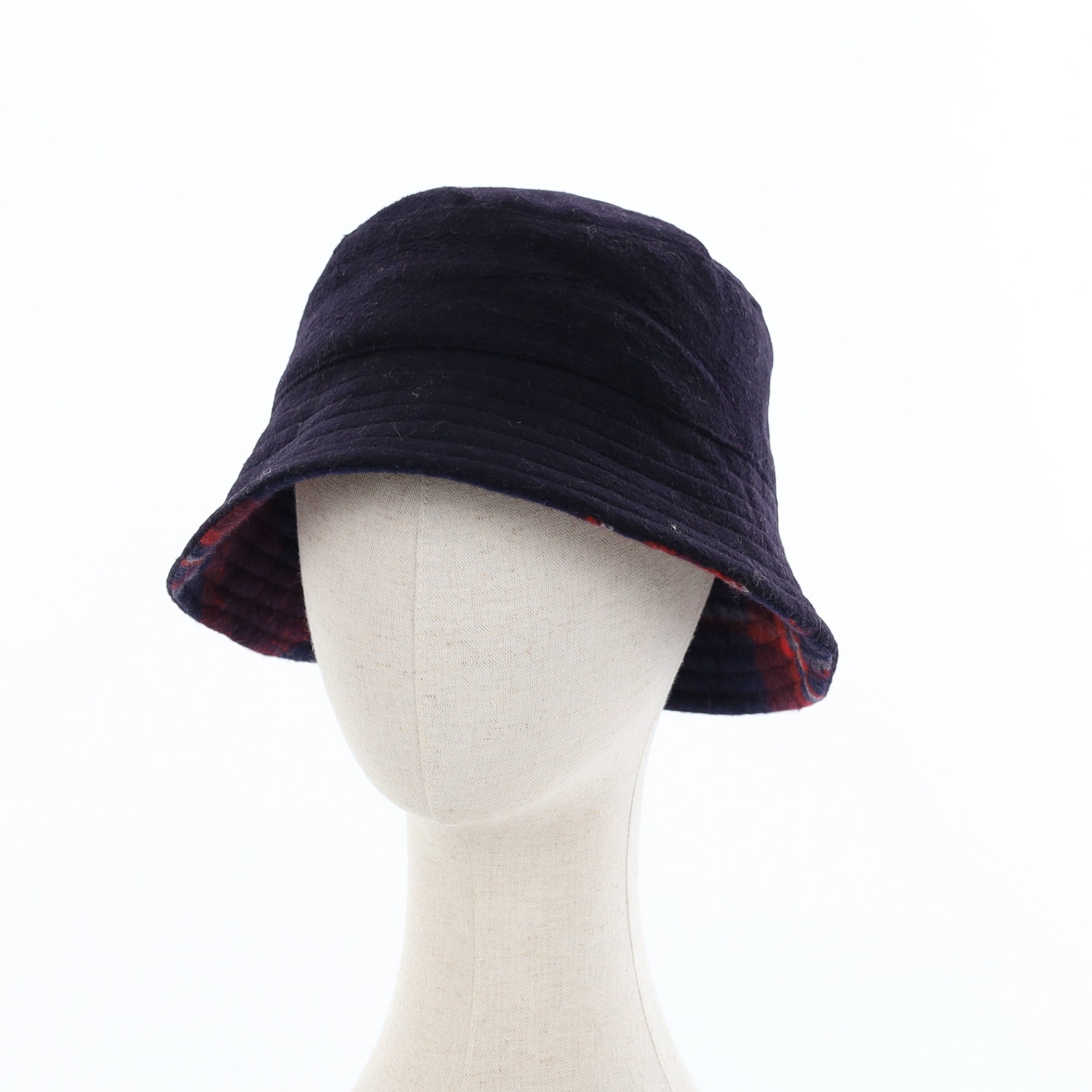 Unisex Navy & Red Check Reversible Cashmere Bucket Hat Men’s - M Women’s - L