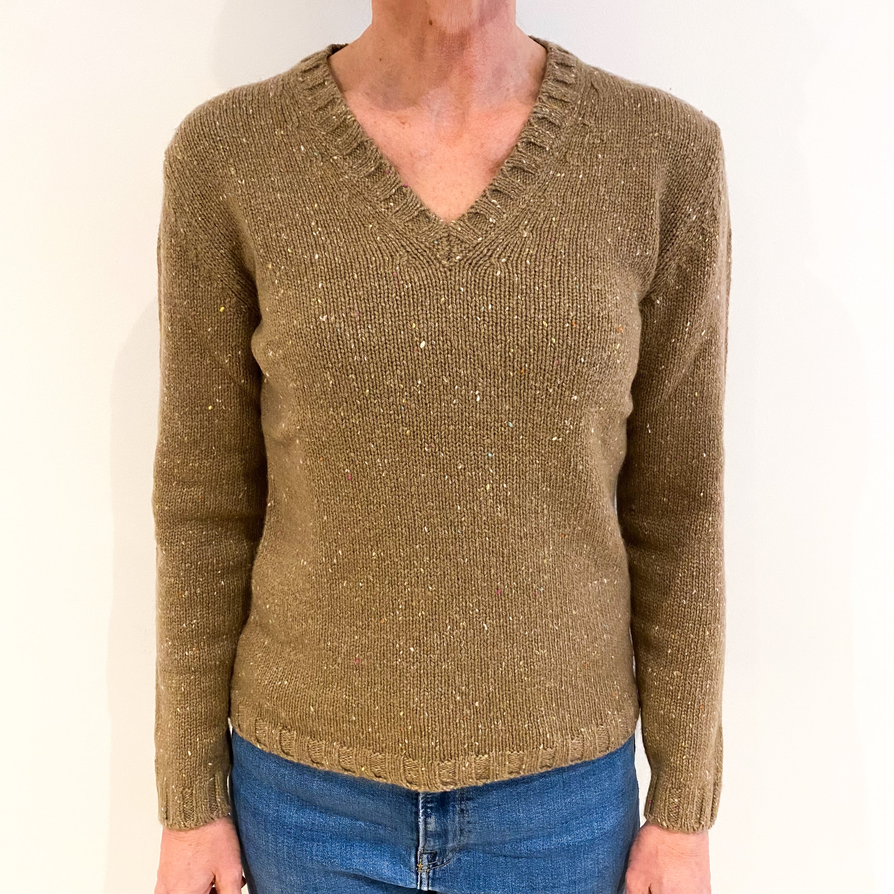 Peanut Brown Flecked Cashmere V Neck Jumper Small