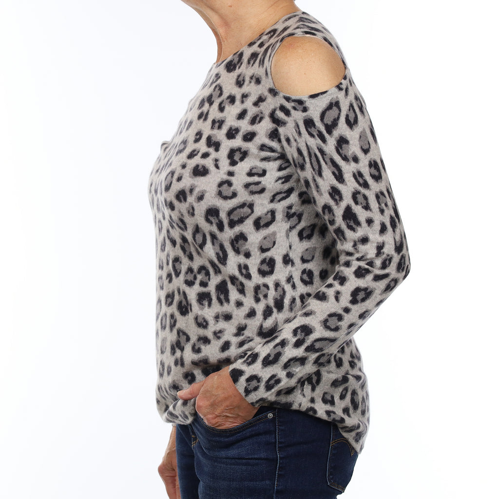 Grey Leopard Cashmere Cold Shoulder Crew Neck Jumper Medium