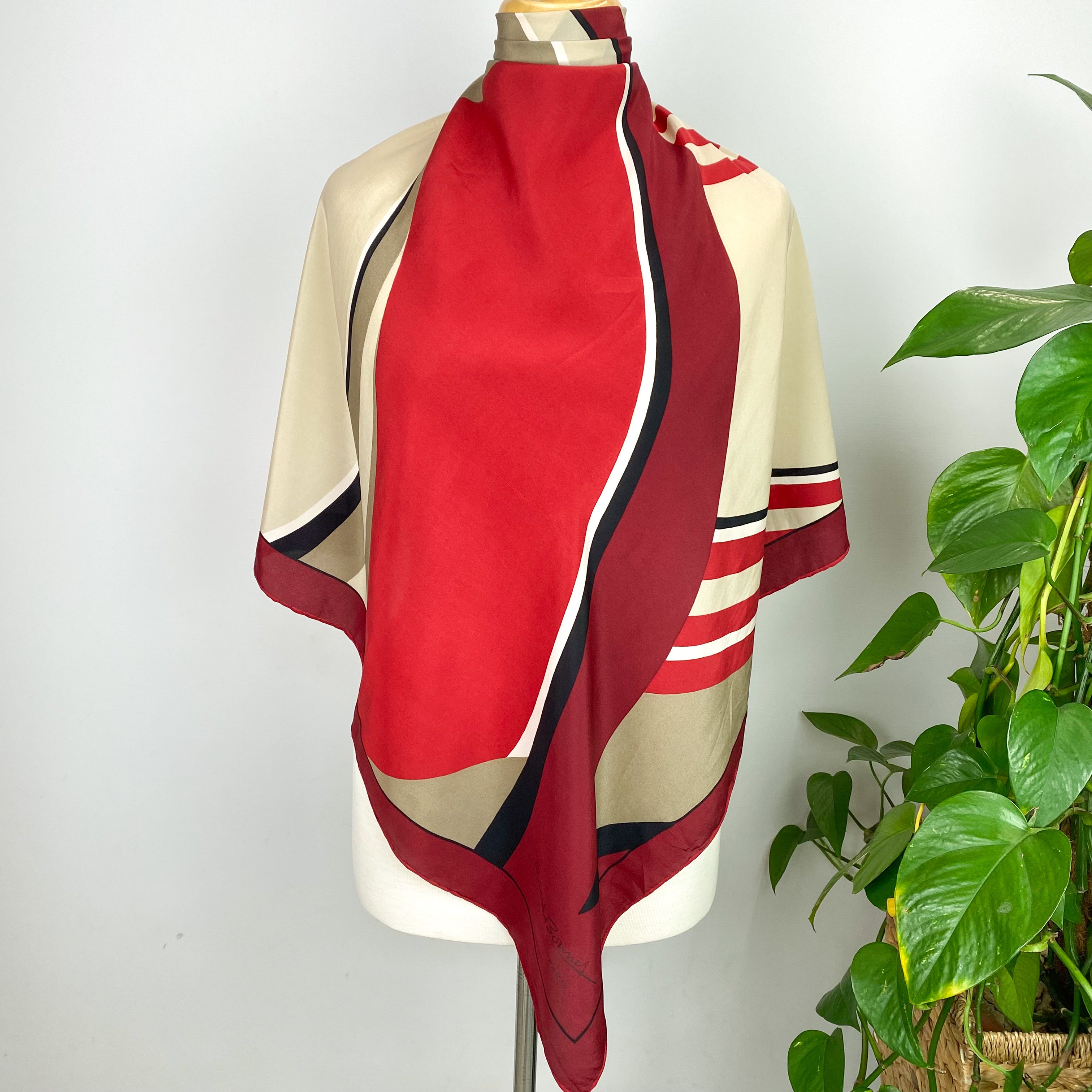 Geometric Red and Taupe Vintage Silk Scarf
