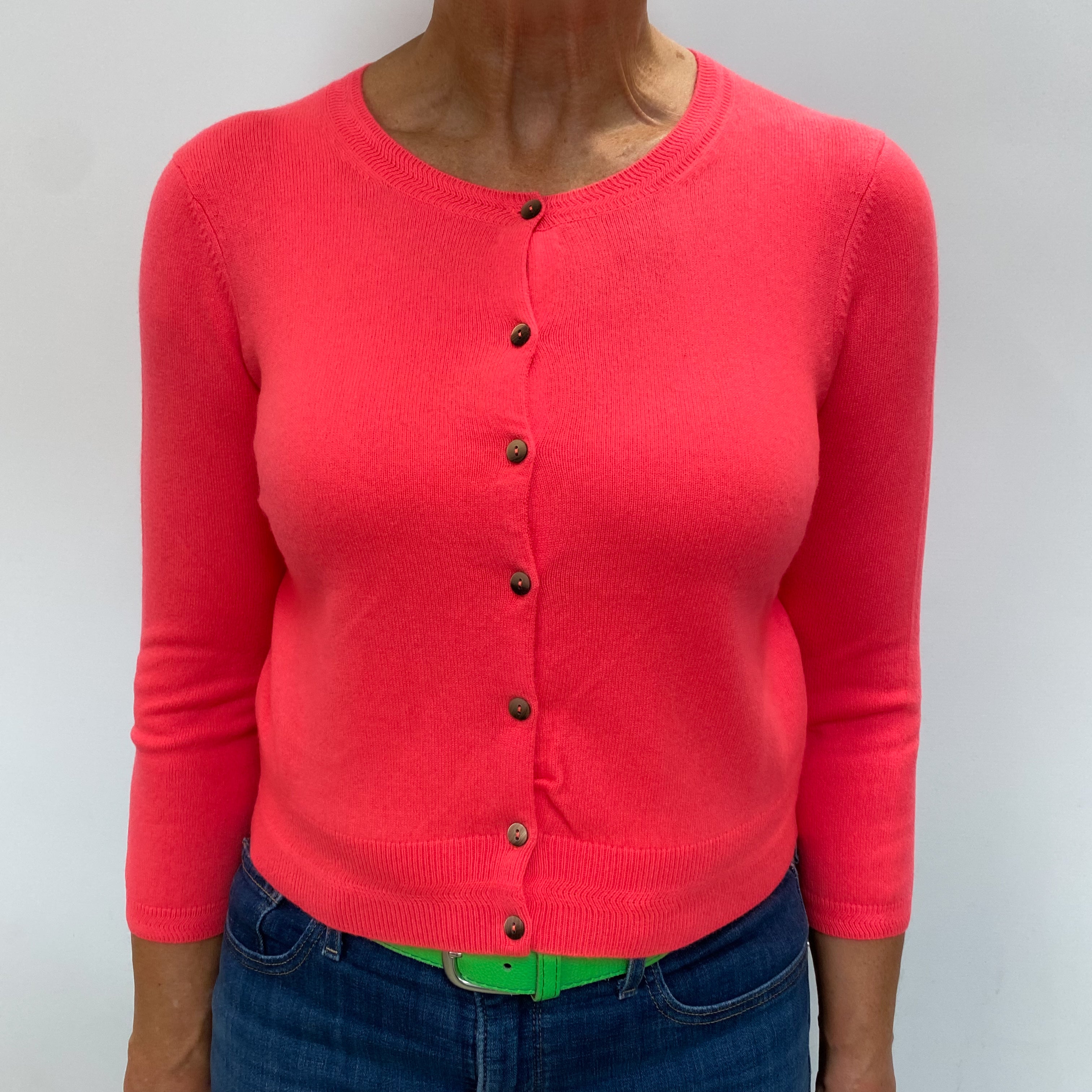 Boden Bright Neon Pink Cashmere Crew Neck Cardigan Medium