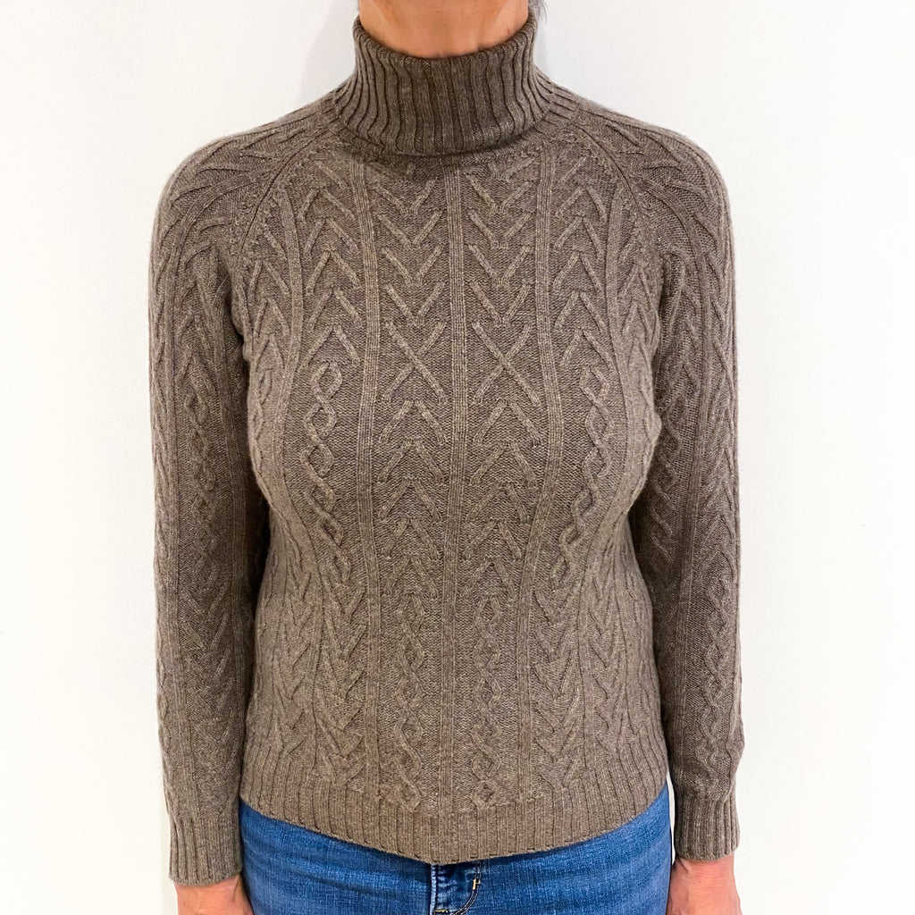 Italian Mocha Brown Textured Cashmere Polo Neck Jumper Medium