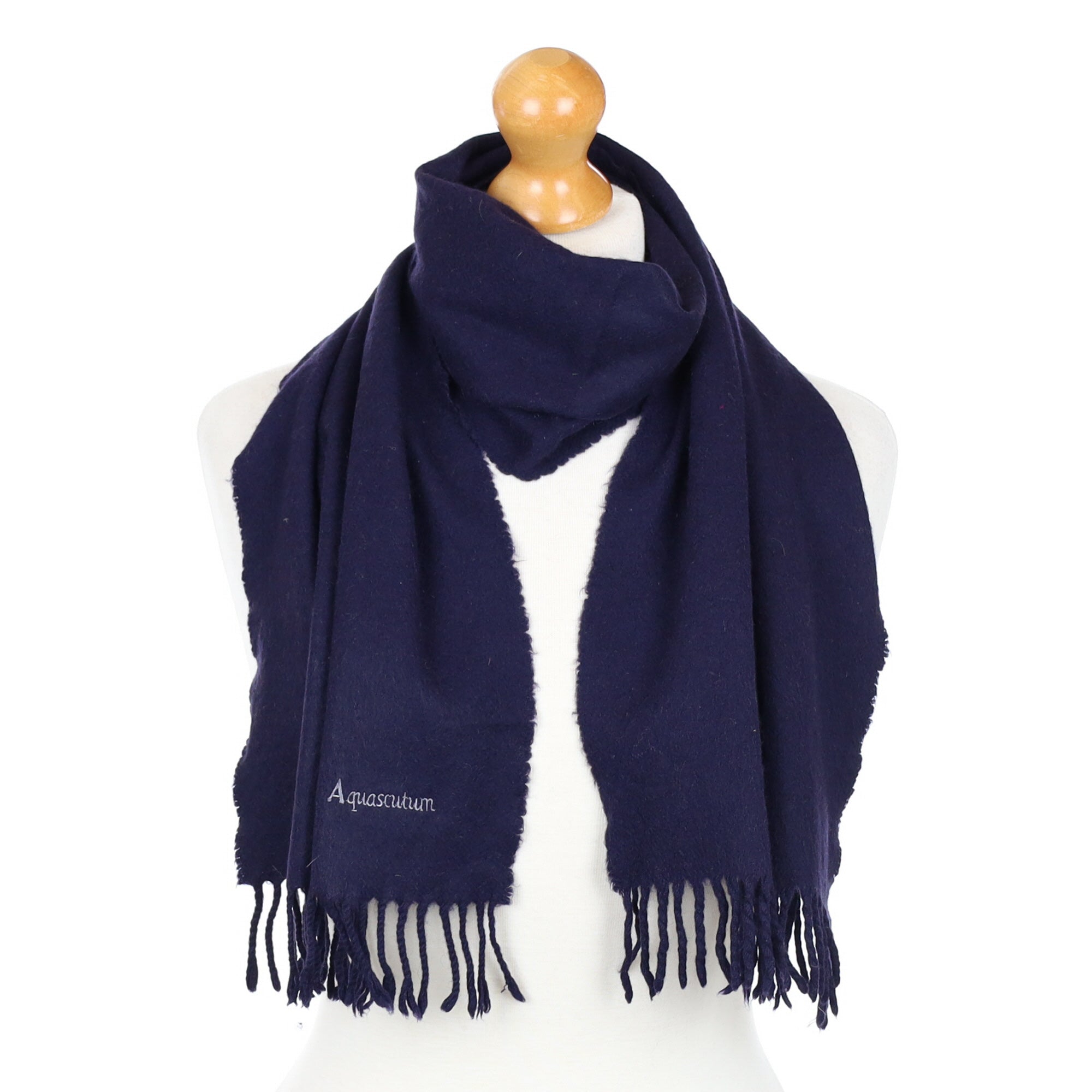 Aquascutum Navy Blue Fringed Cashmere Woven Scarf