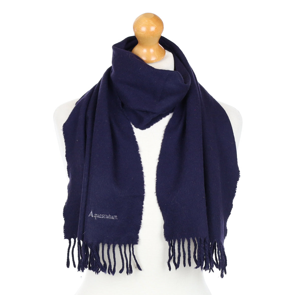 Aquascutum Navy Blue Fringed Cashmere Woven Scarf