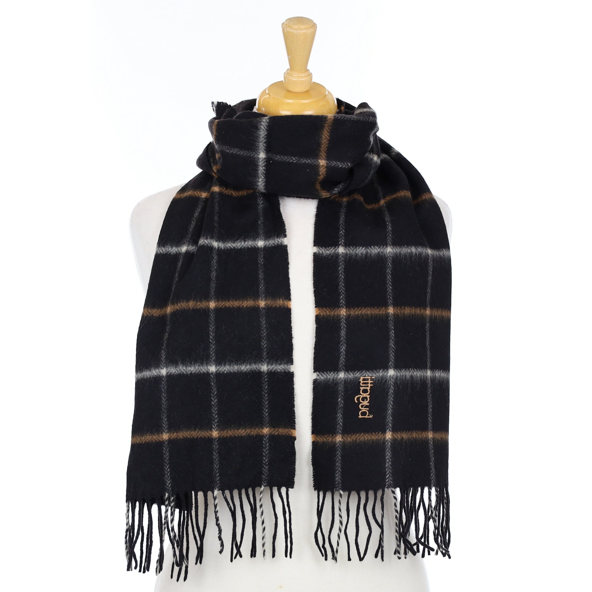 Black and Camel Check Woven Cashmere Scarf