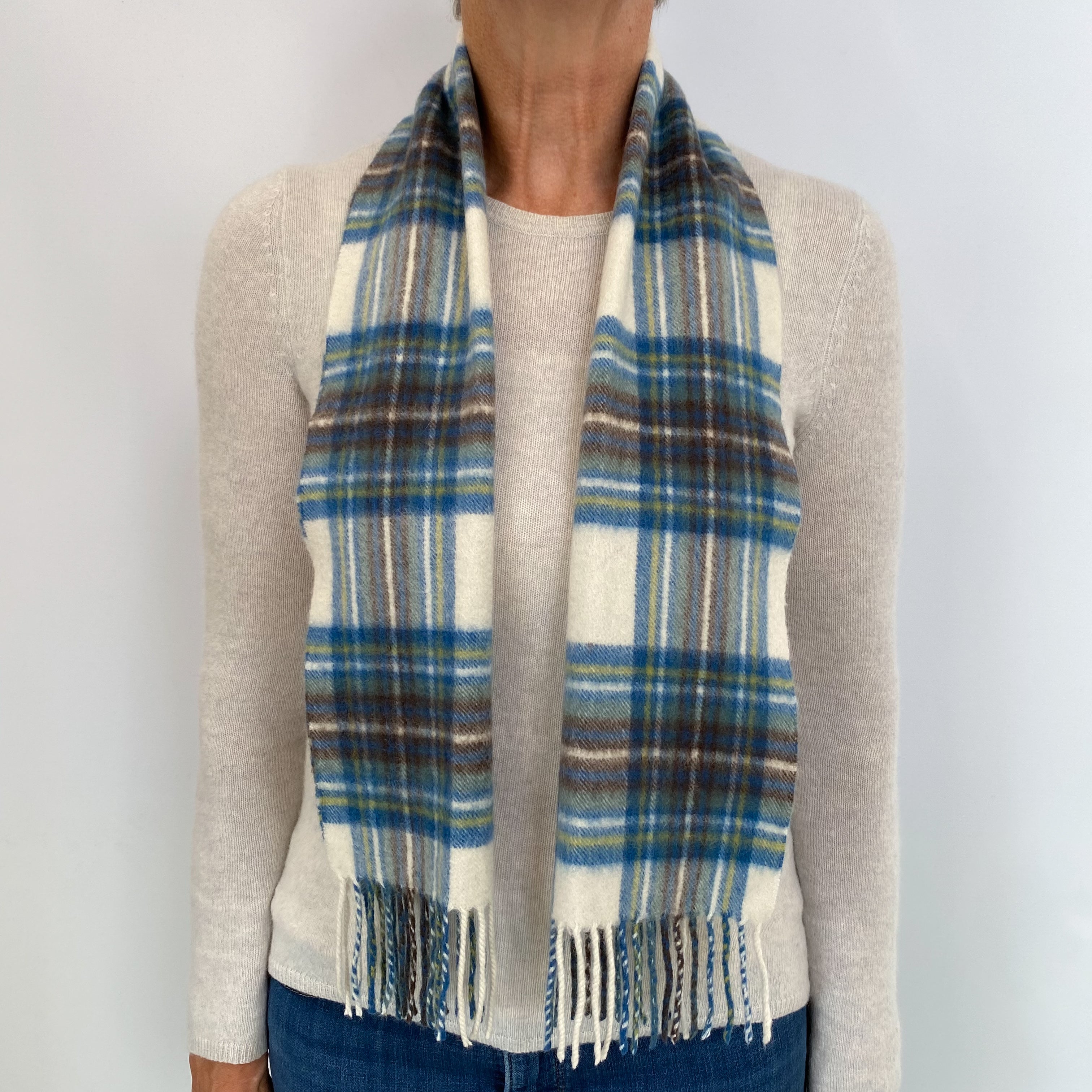 Blue and Cream Tartan Fringed Cashmere Woven Scarf