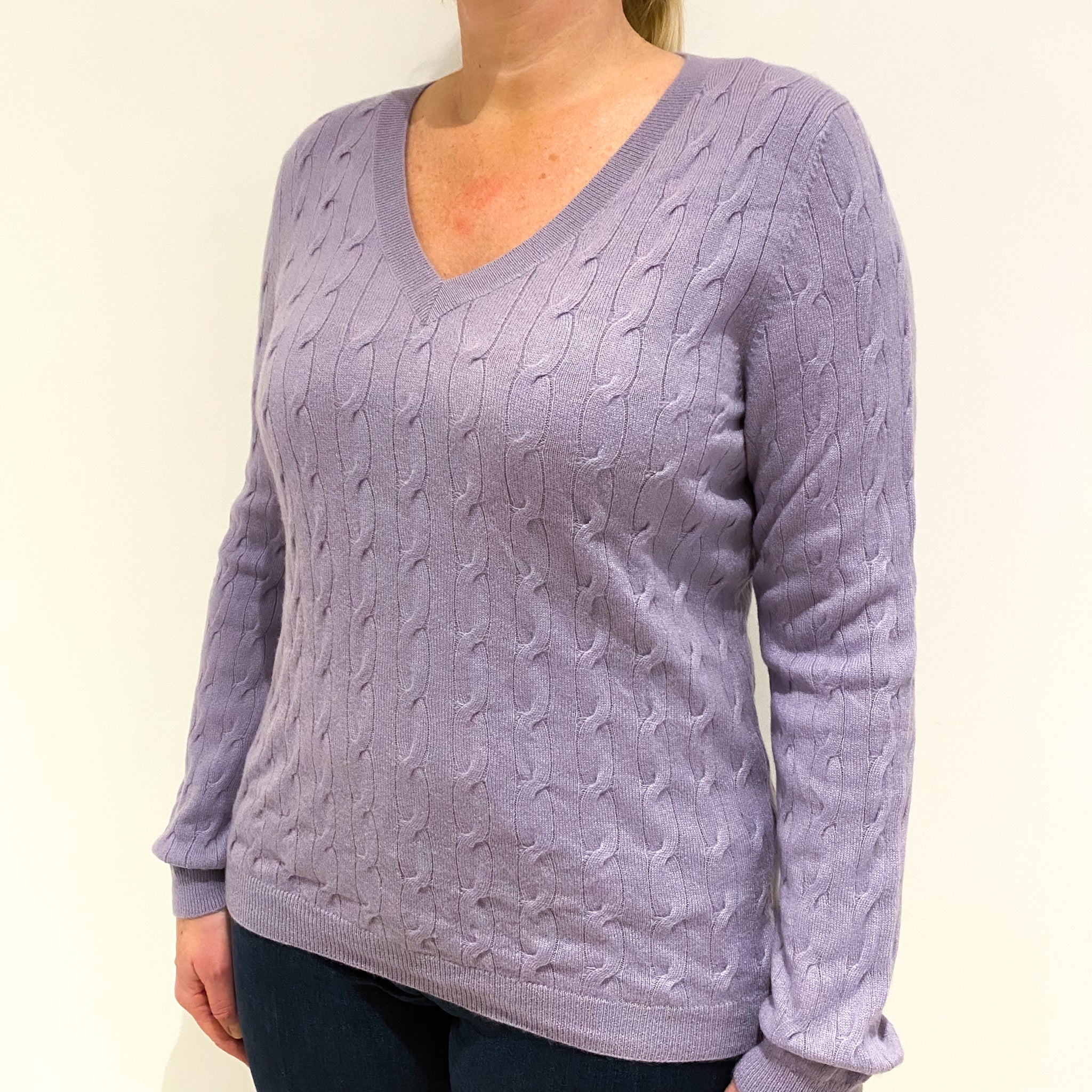 Lavender Purple Cable Cashmere V-Neck Jumper Large