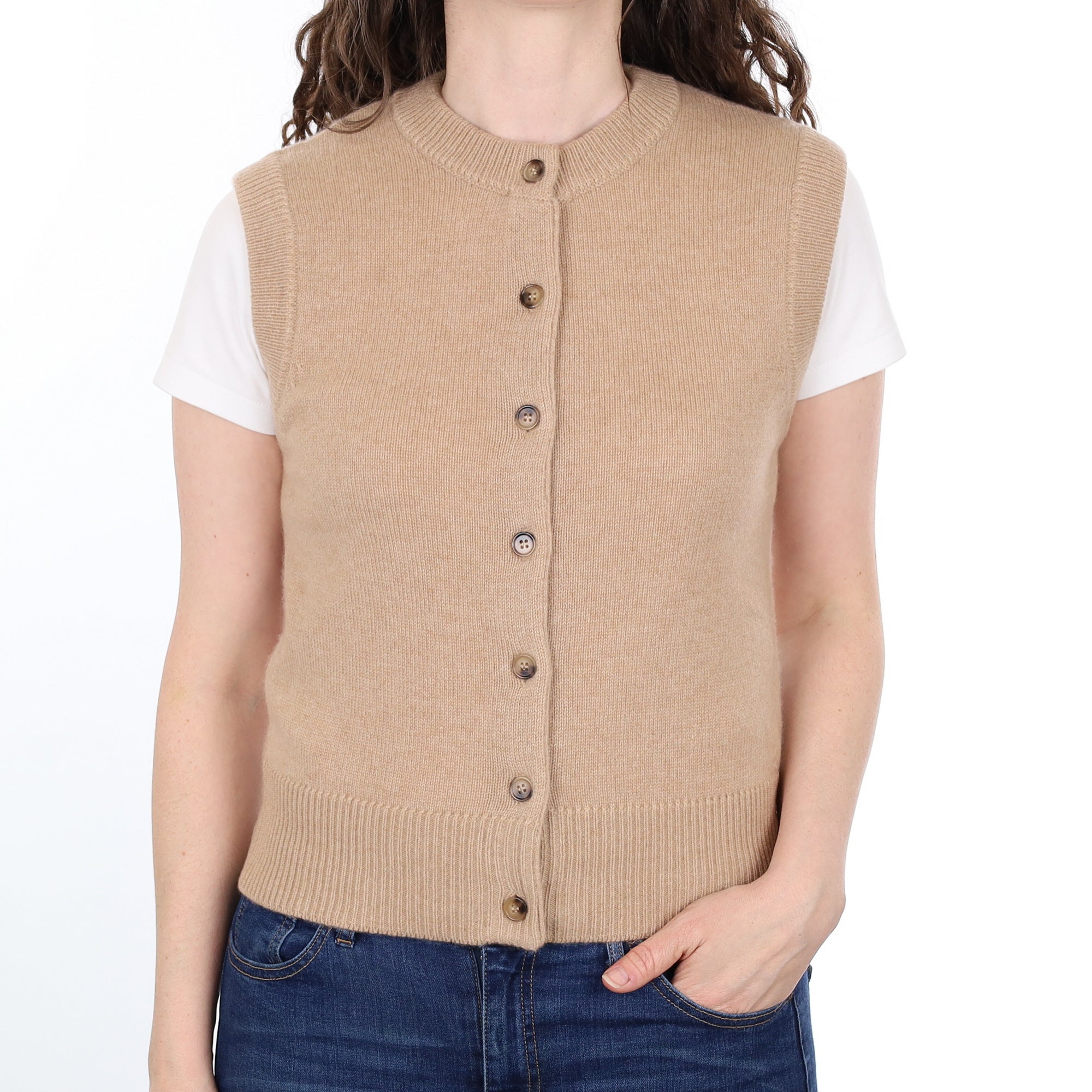 Brand New Caramel Luxury Cashmere Crew Neck Waistcoat Small UK 8-10