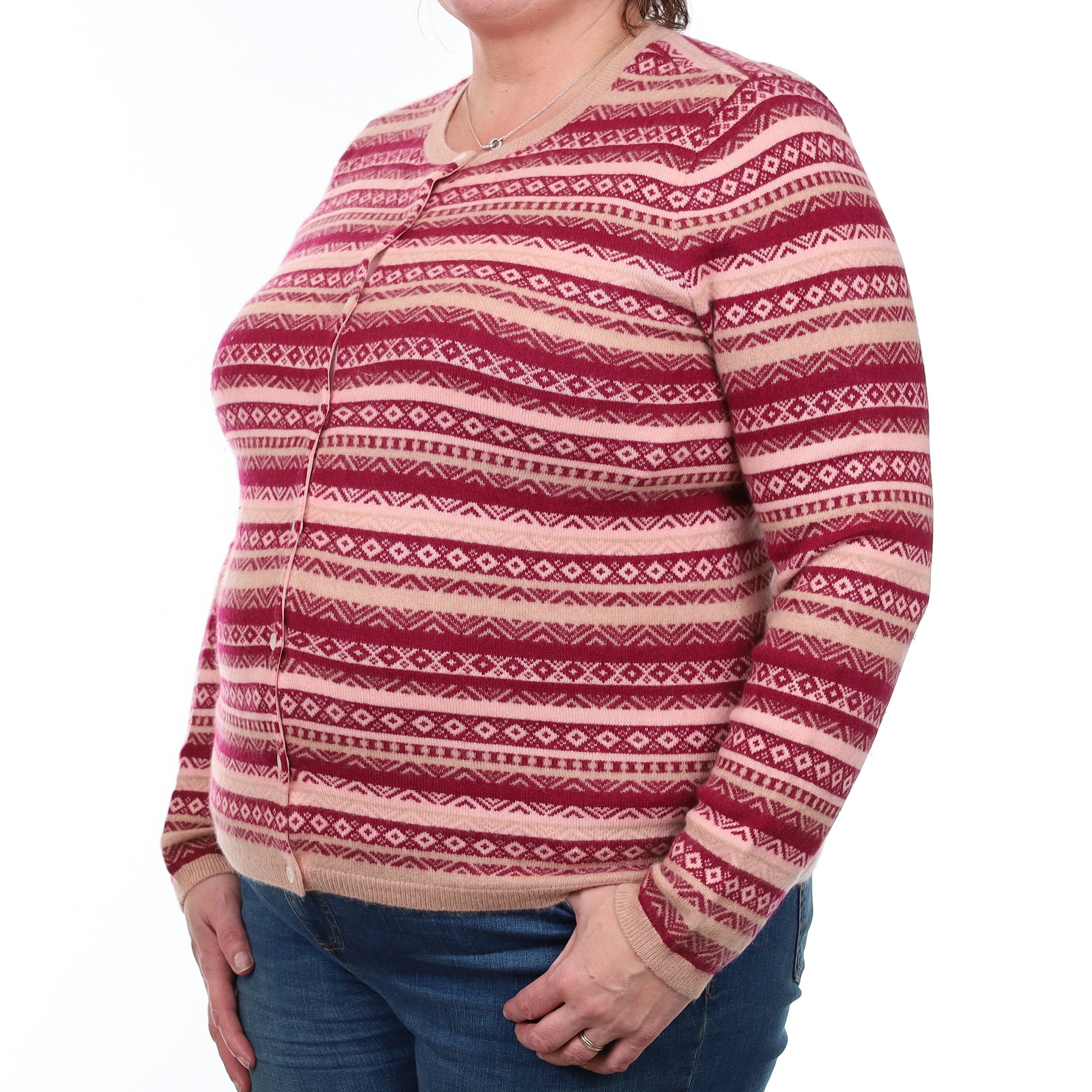 Cherry Pink Fair Isle Cashmere Crew Neck Cardigan Extra Large