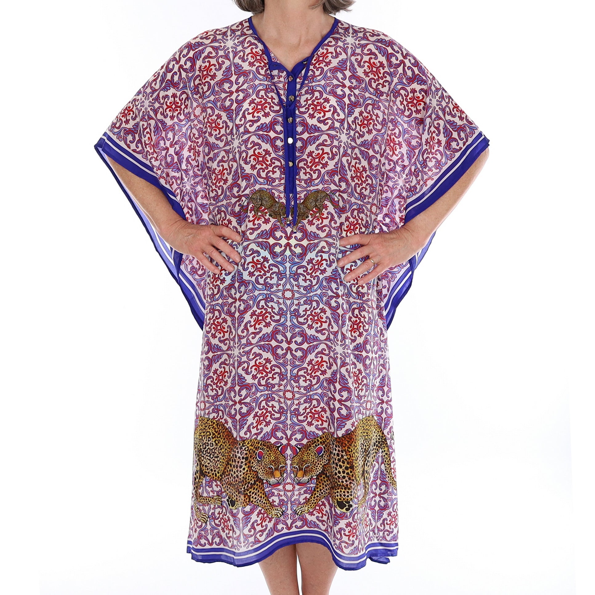 Brand New Bellezza Blue & Red Leopard Safari Silk Kaftan Long DISPATCHED W/C 8th SEPTEMBER