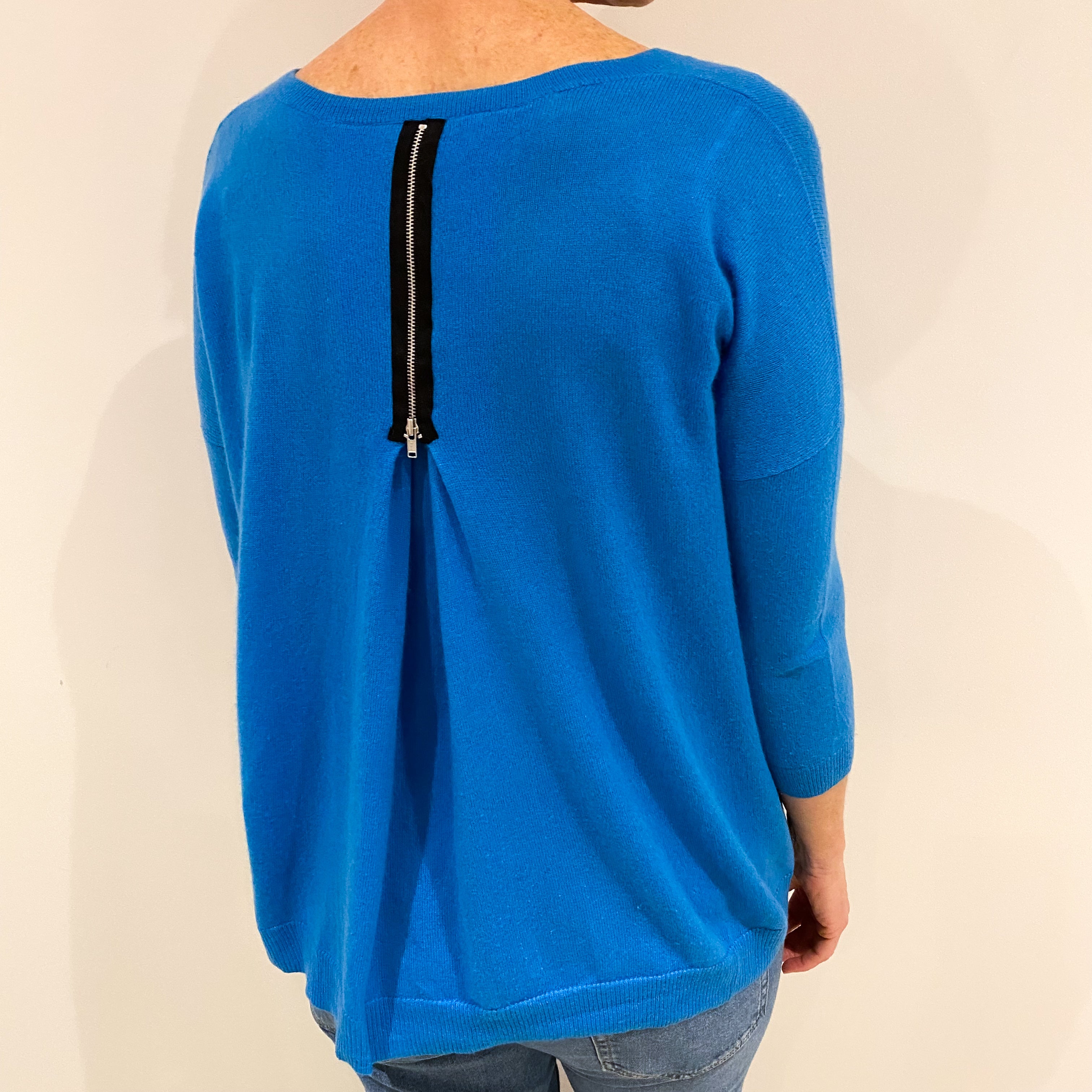 Turquoise Blue Slouchy Cashmere V Neck Jumper with Zipped Back Small