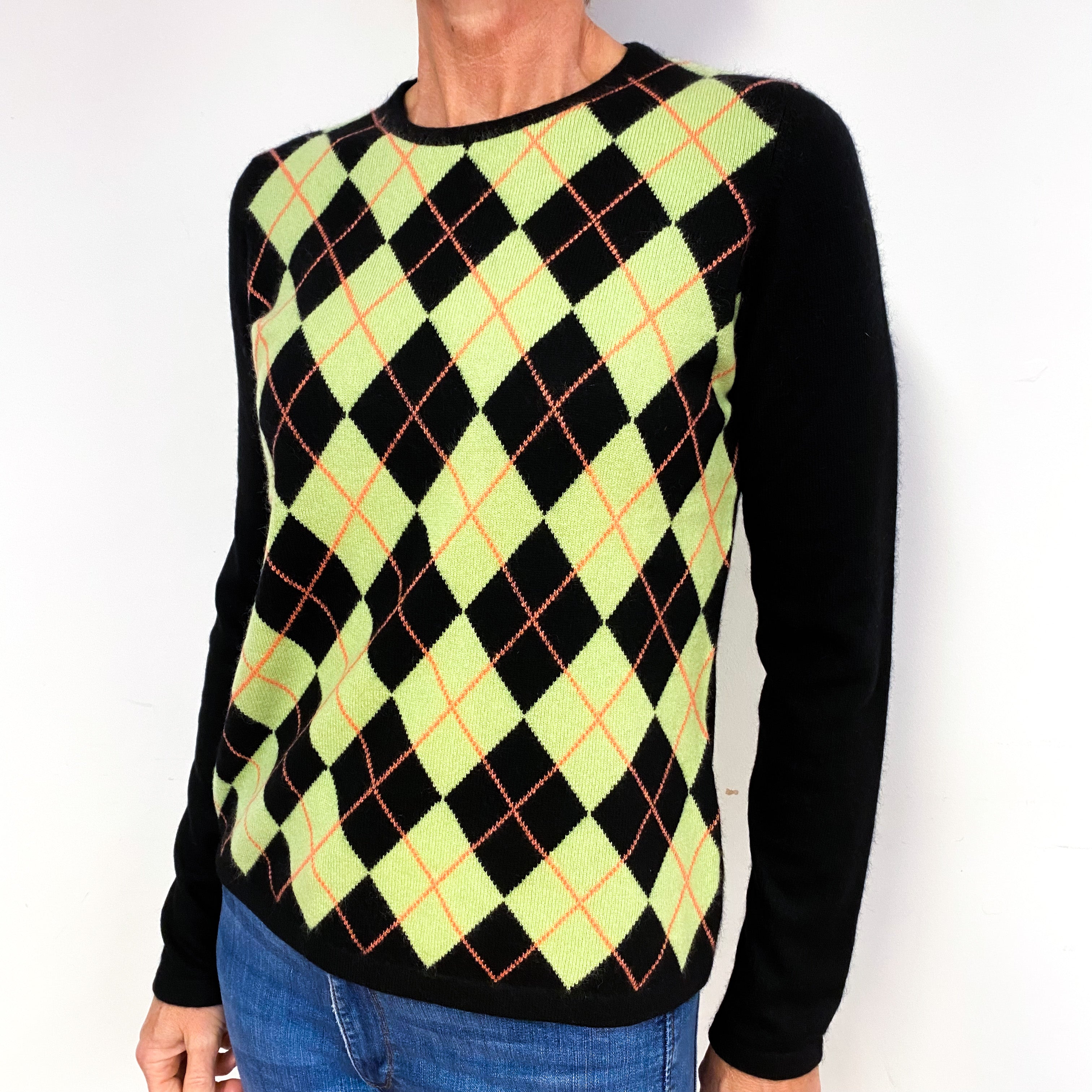 Black Green Argyle Cashmere Crew Neck Jumper Medium