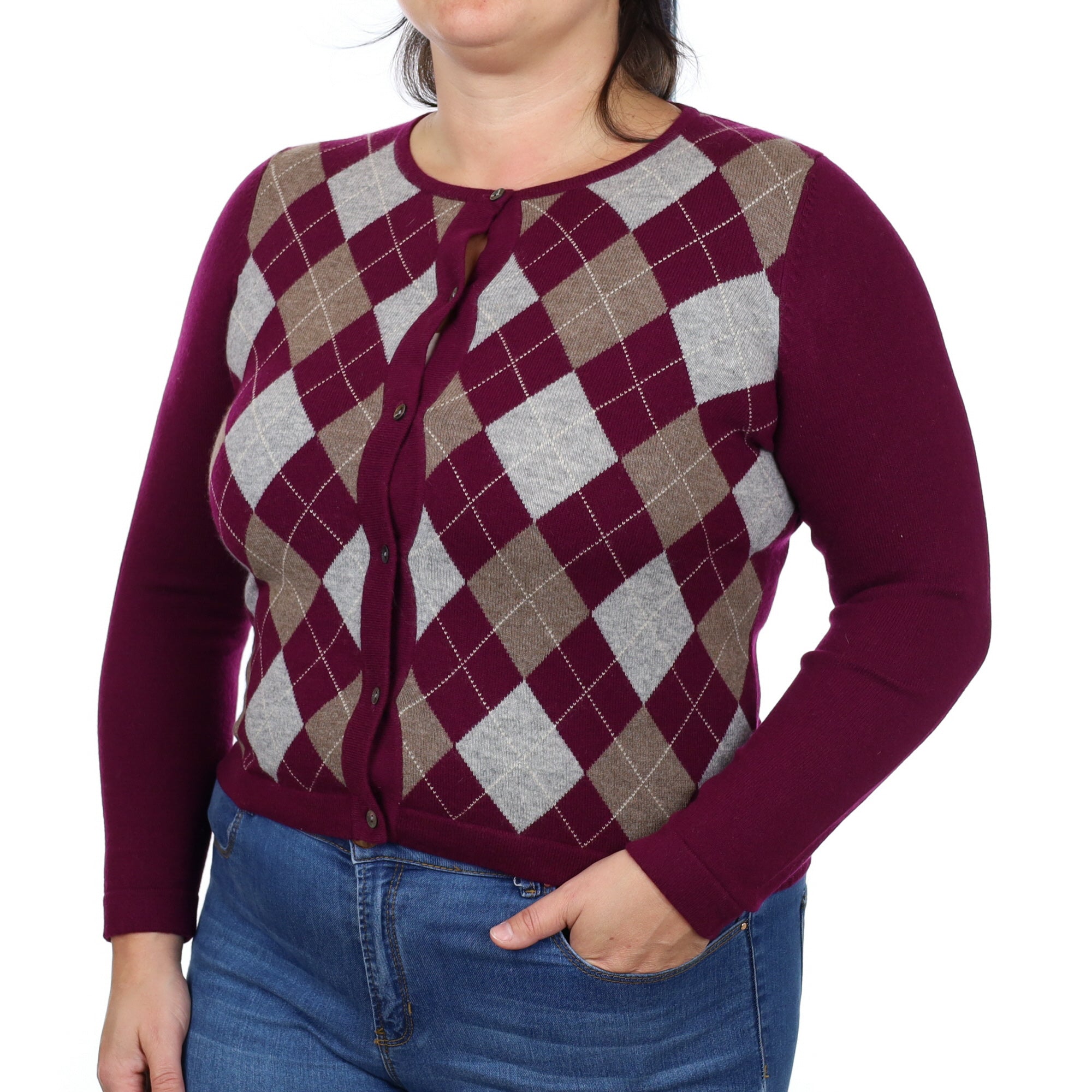 Mulberry Purple Argyle Cashmere Crew Neck Cardigan Large