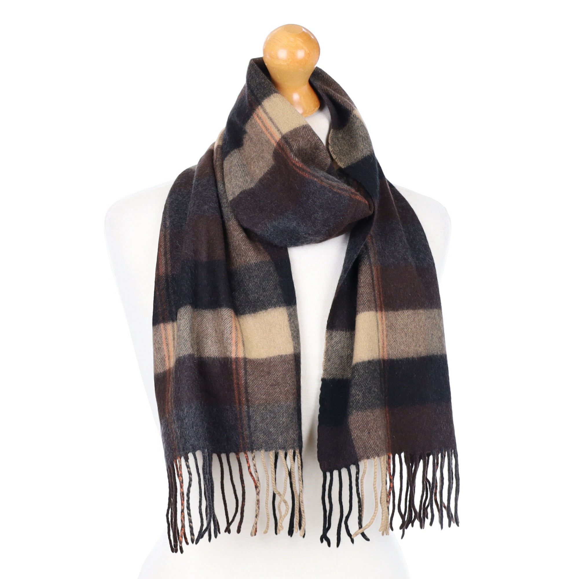 Charcoal and Russet Checked Fringed Cashmere Woven Scarf