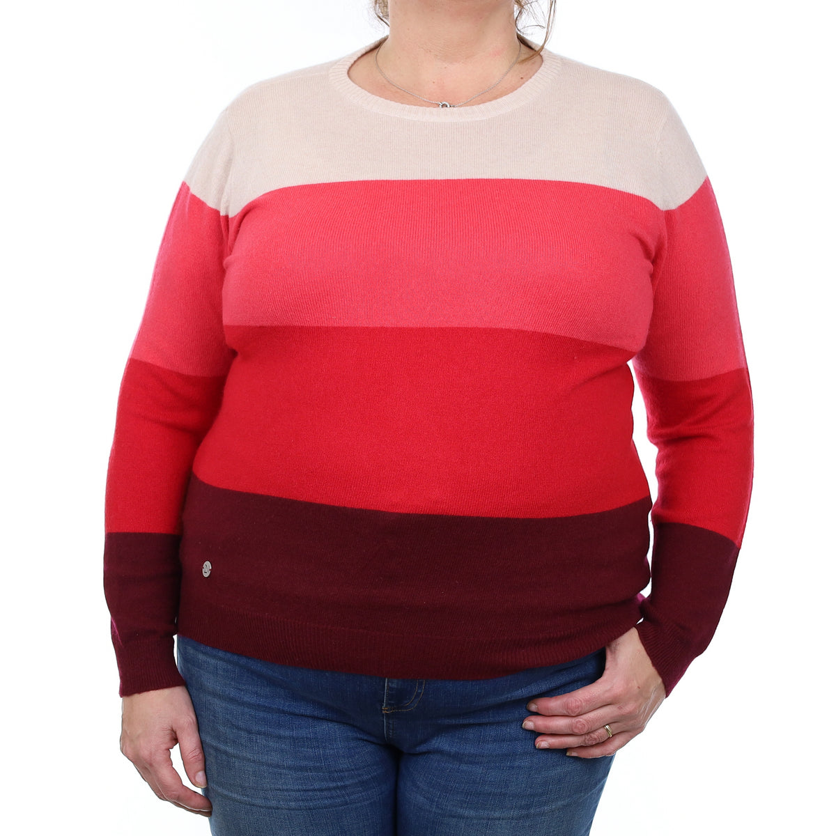 Red and Pink Striped Cashmere Crew Neck Jumper XL