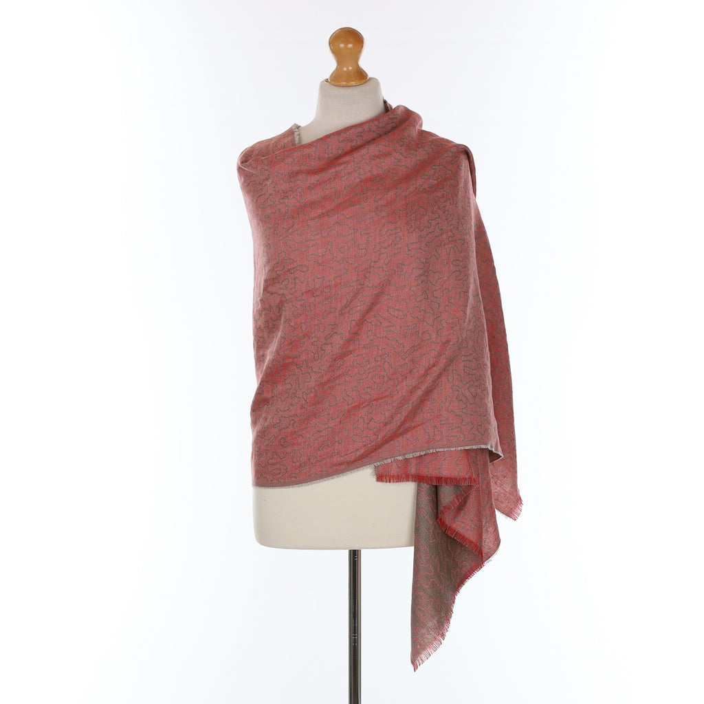 Brand New Begg & Co Vermillion and Grey Patterned Cashmere Blend Woven Wrap