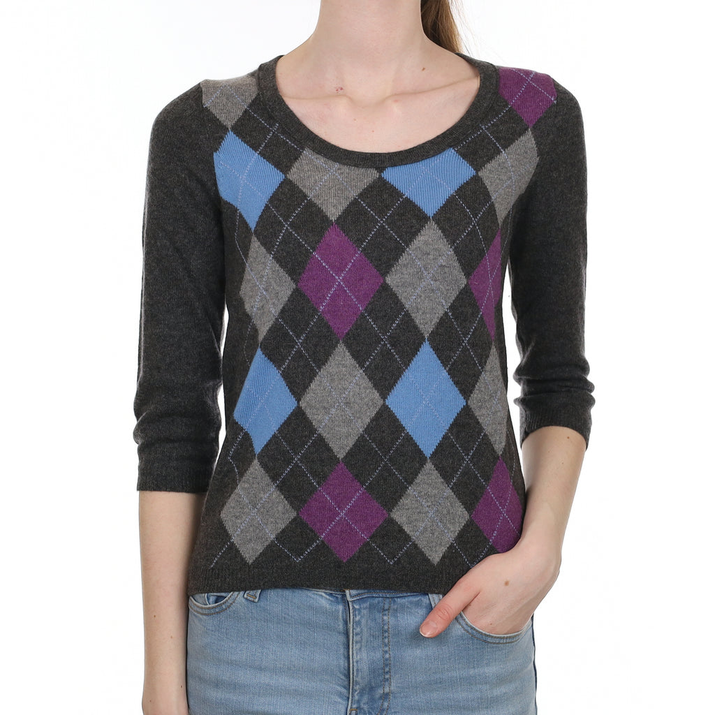Grey Purple Argyle Cashmere 3/4 Sleeve Crew Neck Jumper Extra Small