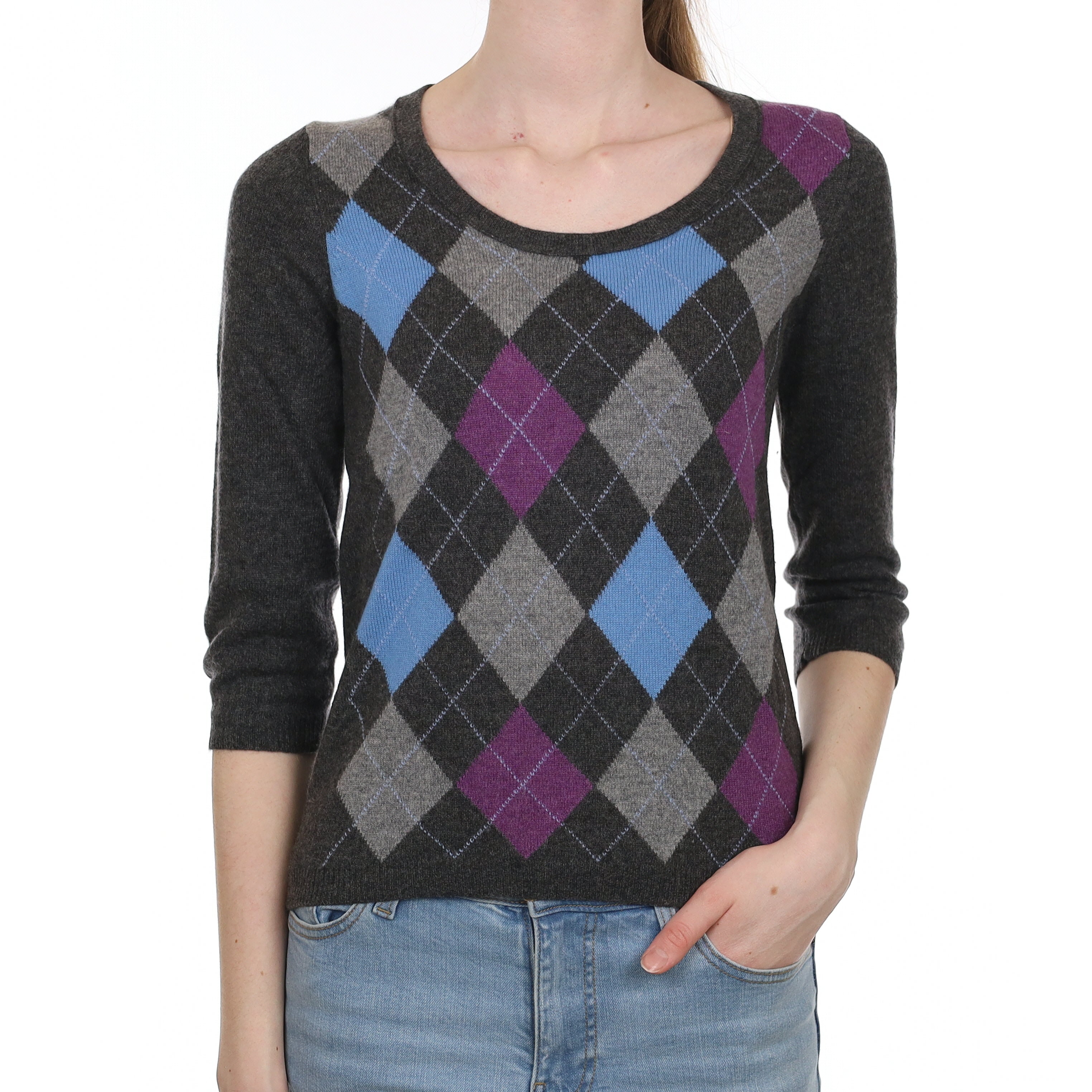 Grey Purple Argyle Cashmere 3/4 Sleeve Crew Neck Jumper Extra Small