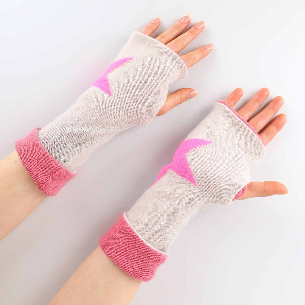 Oatmeal and Pink Star Reversible Cashmere Fingerless Gloves