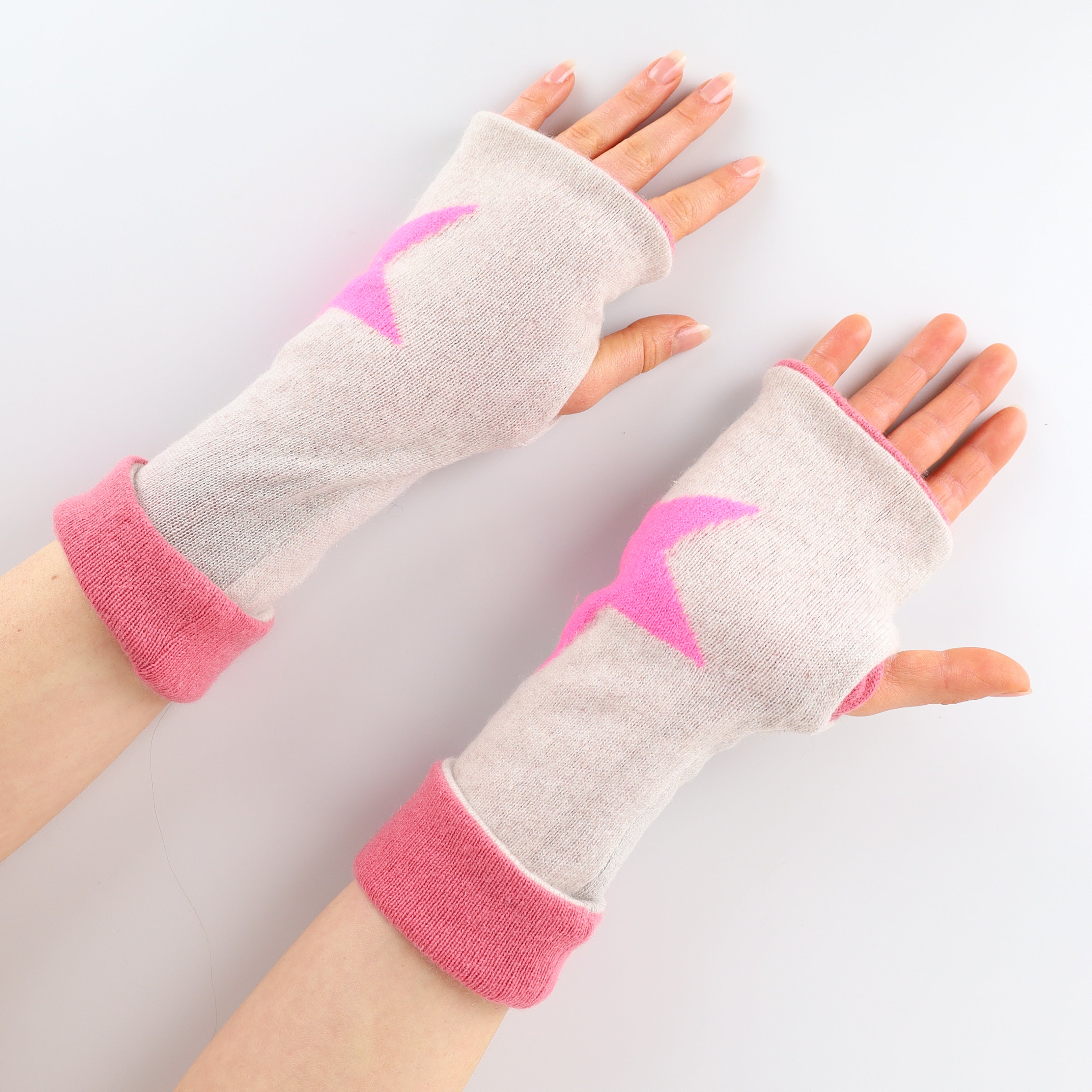 Oatmeal and Pink Star Reversible Cashmere Fingerless Gloves