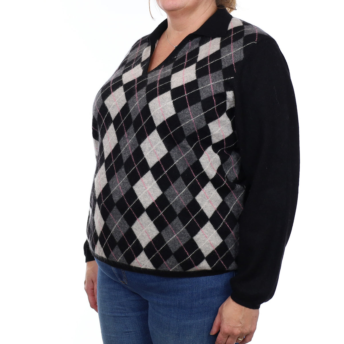 Black and Grey Argyle Cashmere Collared V Neck Jumper XXL