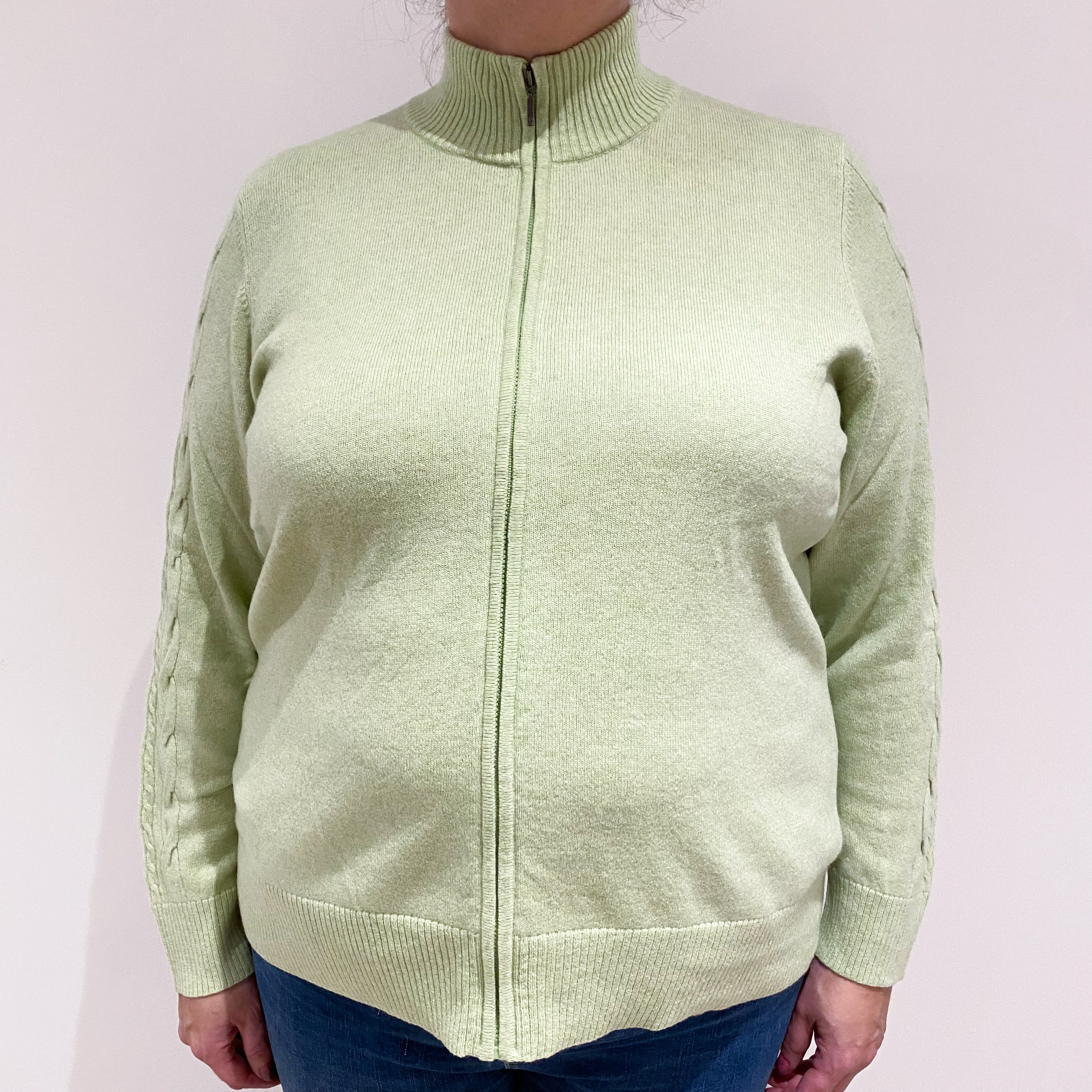 Soft Lime Green Cashmere Zip Front Cardigan Extra Large