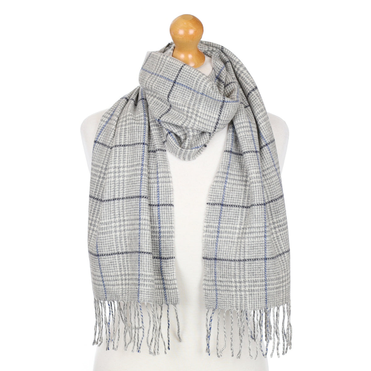 Pale Grey and Blue Checked Fringed Cashmere Woven Scarf