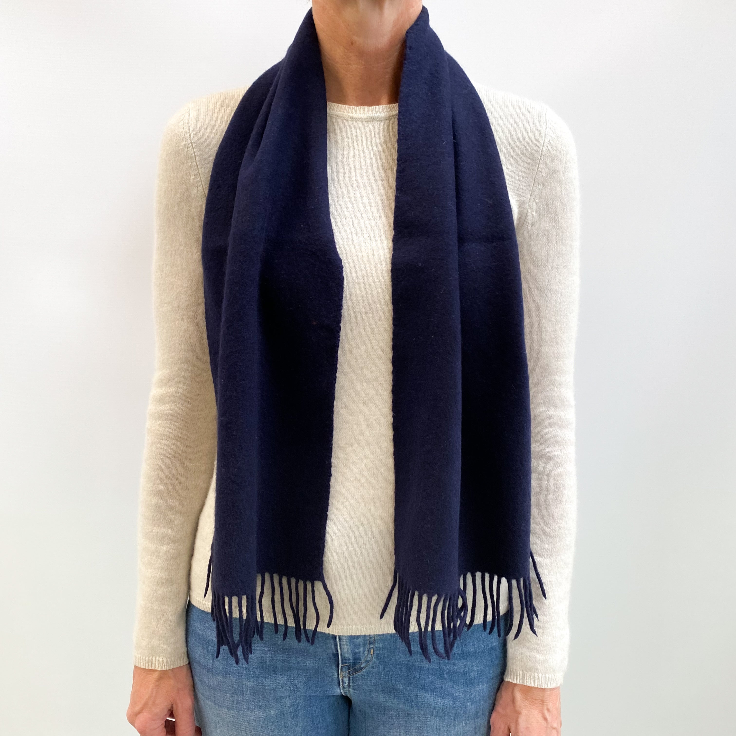 Navy Blue Fringed Cashmere Woven Scarf