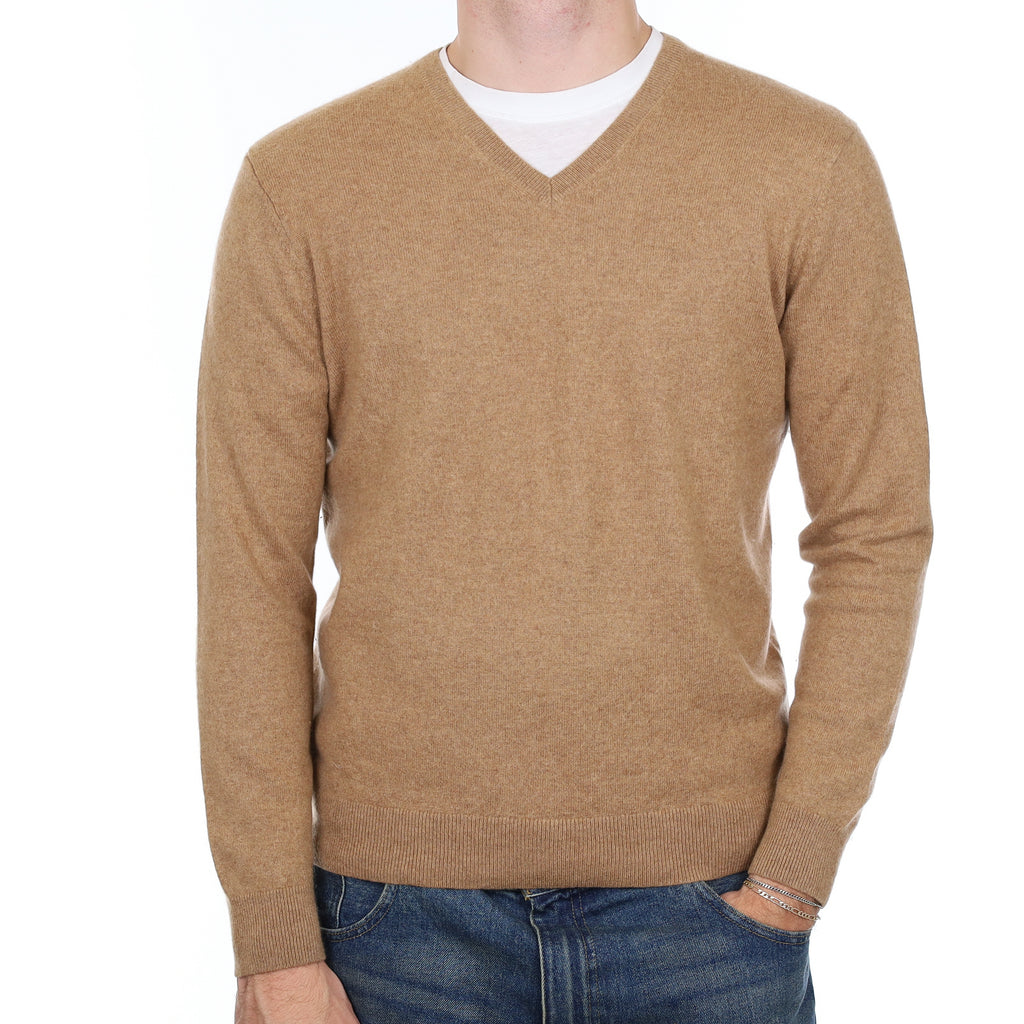 Men’s Toffee Brown Cashmere V Neck Jumper Medium