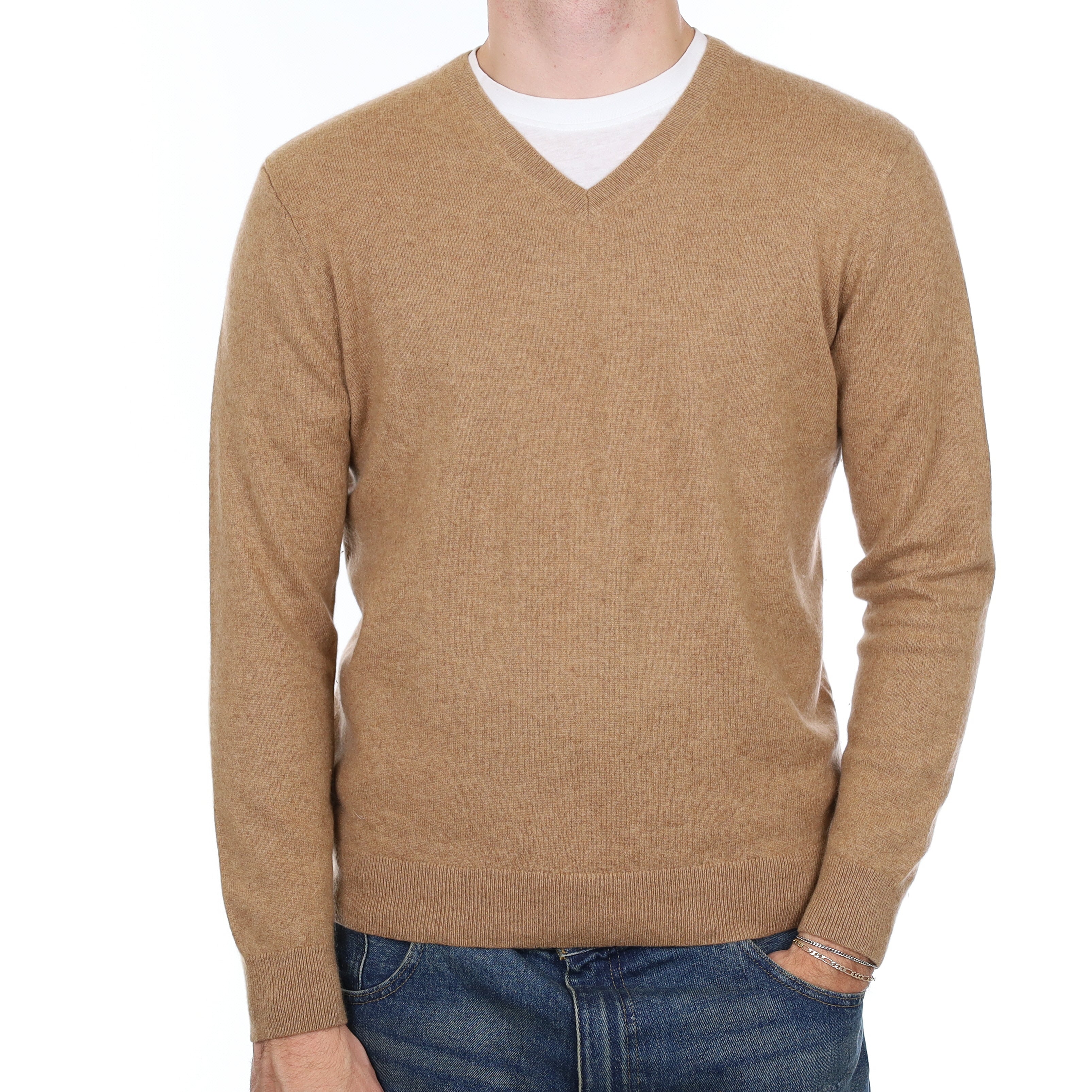 Men’s Toffee Brown Cashmere V Neck Jumper Medium