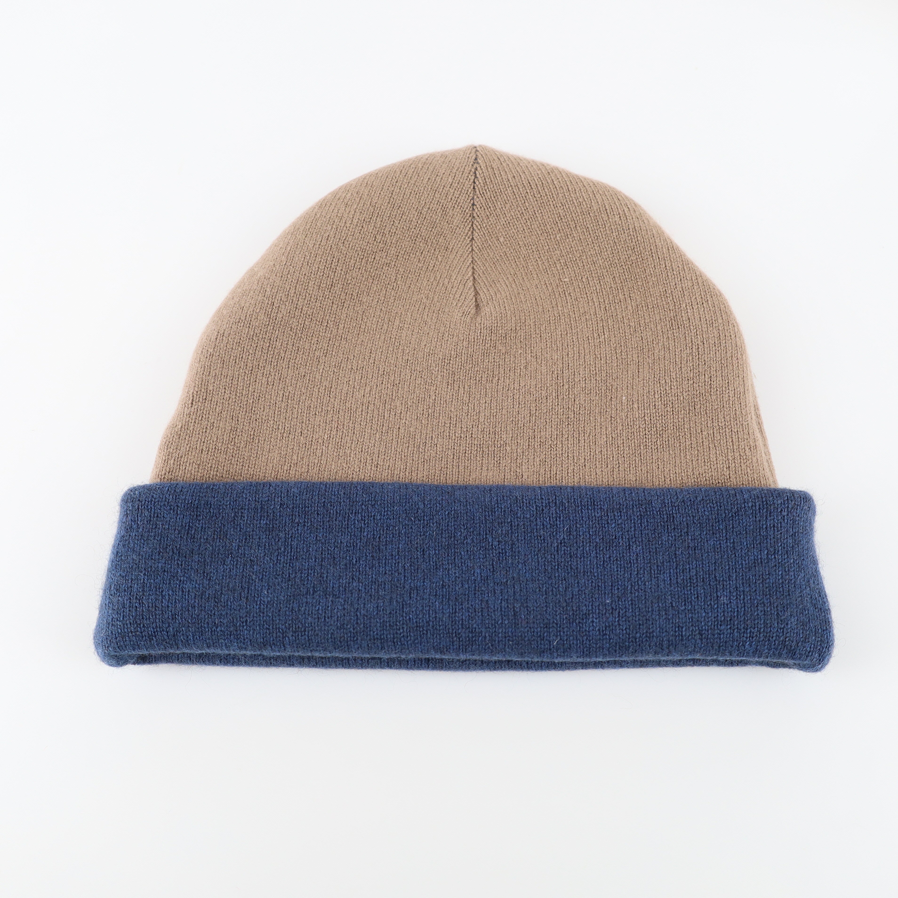 Taupe and Naval Blue Reversible Cashmere Beanie Hat