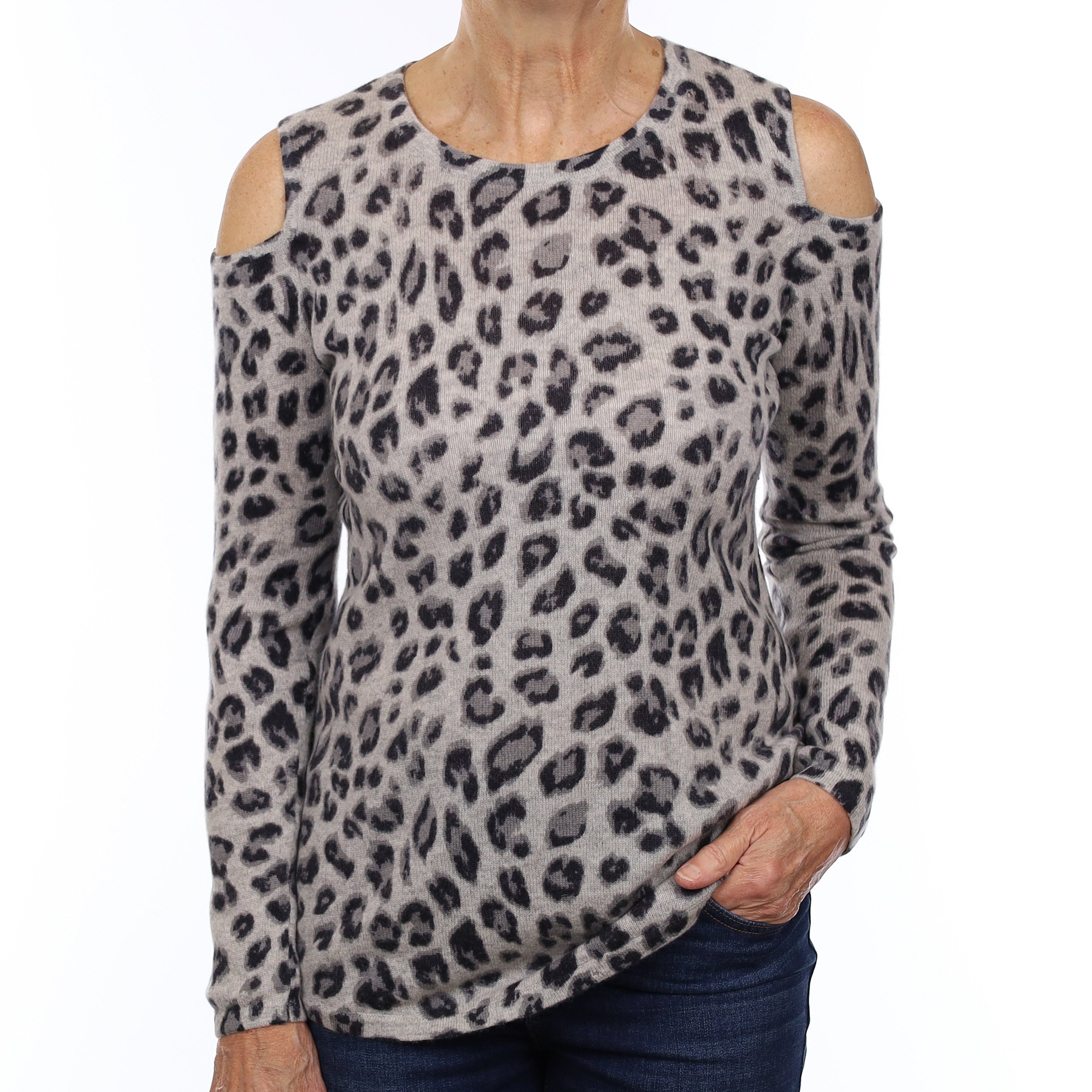 Grey Leopard Cashmere Cold Shoulder Crew Neck Jumper Medium